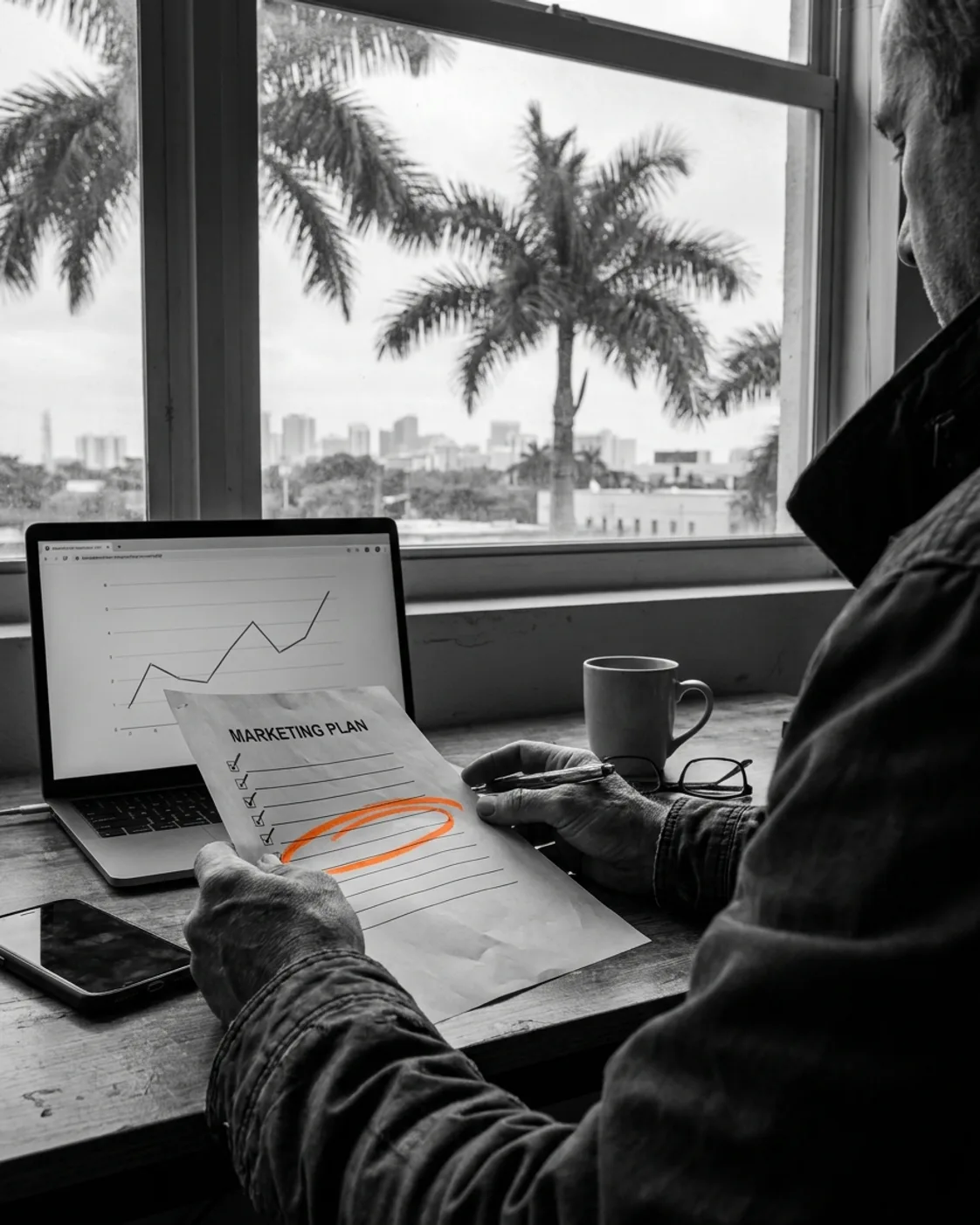Planificación de marketing local medible Un dueño de Miami repasando un plan de marketing impreso con una prioridad rodeada en naranja y la gráfica abierta al lado