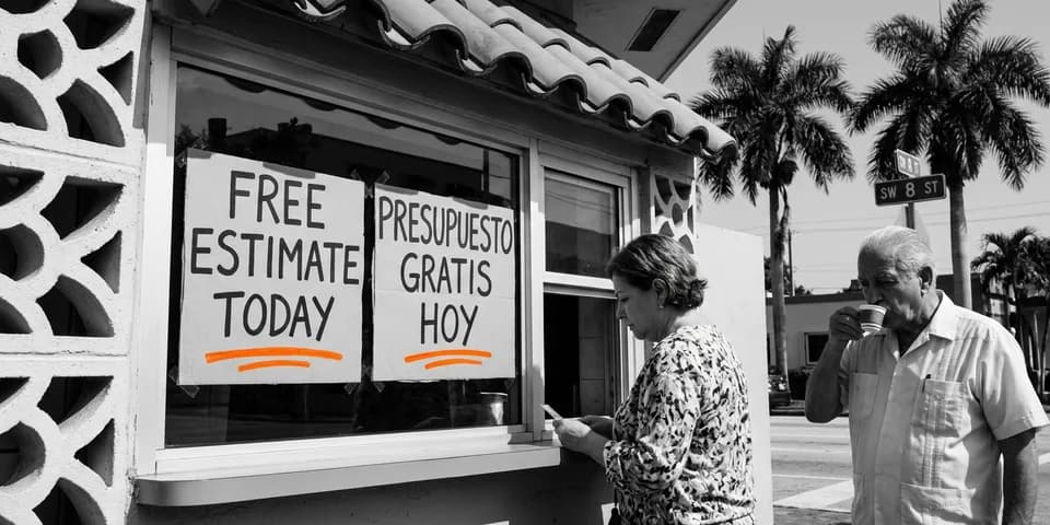 Ventanita de Calle Ocho en la Pequeña Habana con la misma oferta escrita a mano en inglés y en español, subrayadas en naranja, una señora leyendo el cartel en español y un hombre de guayabera tomándose un cafecito Ventanita de Calle Ocho en la Pequeña Habana con la misma oferta escrita a mano en inglés y en español, subrayadas en naranja, una señora leyendo el cartel en español y un hombre de guayabera tomándose un cafecito