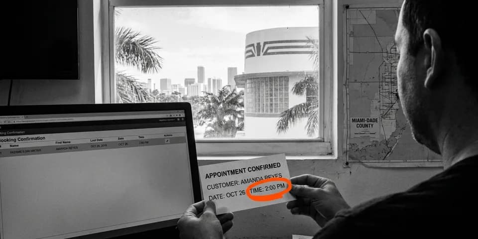 Dueño de un negocio de Miami en su mesa con la tarjeta de cita y la hora rodeada en naranja, la reserva confirmada en pantalla y un edificio art déco y el skyline por la ventana Dueño de un negocio de Miami en su mesa con la tarjeta de cita y la hora rodeada en naranja, la reserva confirmada en pantalla y un edificio art déco y el skyline por la ventana