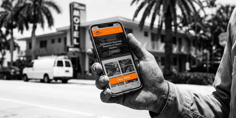 Primer plano de la mano polvorienta de un contratista con el teléfono y el sitio ya cargado del todo, el botón de llamar en naranja, y detrás una calle de Miami desenfocada con palmas y un rótulo de motel MiMo Primer plano de la mano polvorienta de un contratista con el teléfono y el sitio ya cargado del todo, el botón de llamar en naranja, y detrás una calle de Miami desenfocada con palmas y un rótulo de motel MiMo