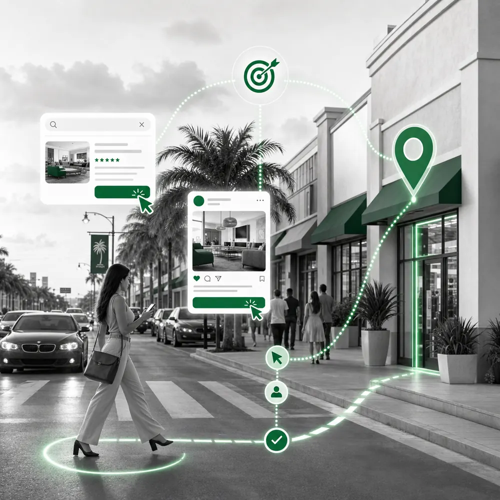 A Miami customer discovers a business through Google and social ads, visits its landing page, and becomes a qualified lead A Miami customer discovers a business through Google and social ads, visits its landing page, and becomes a qualified lead