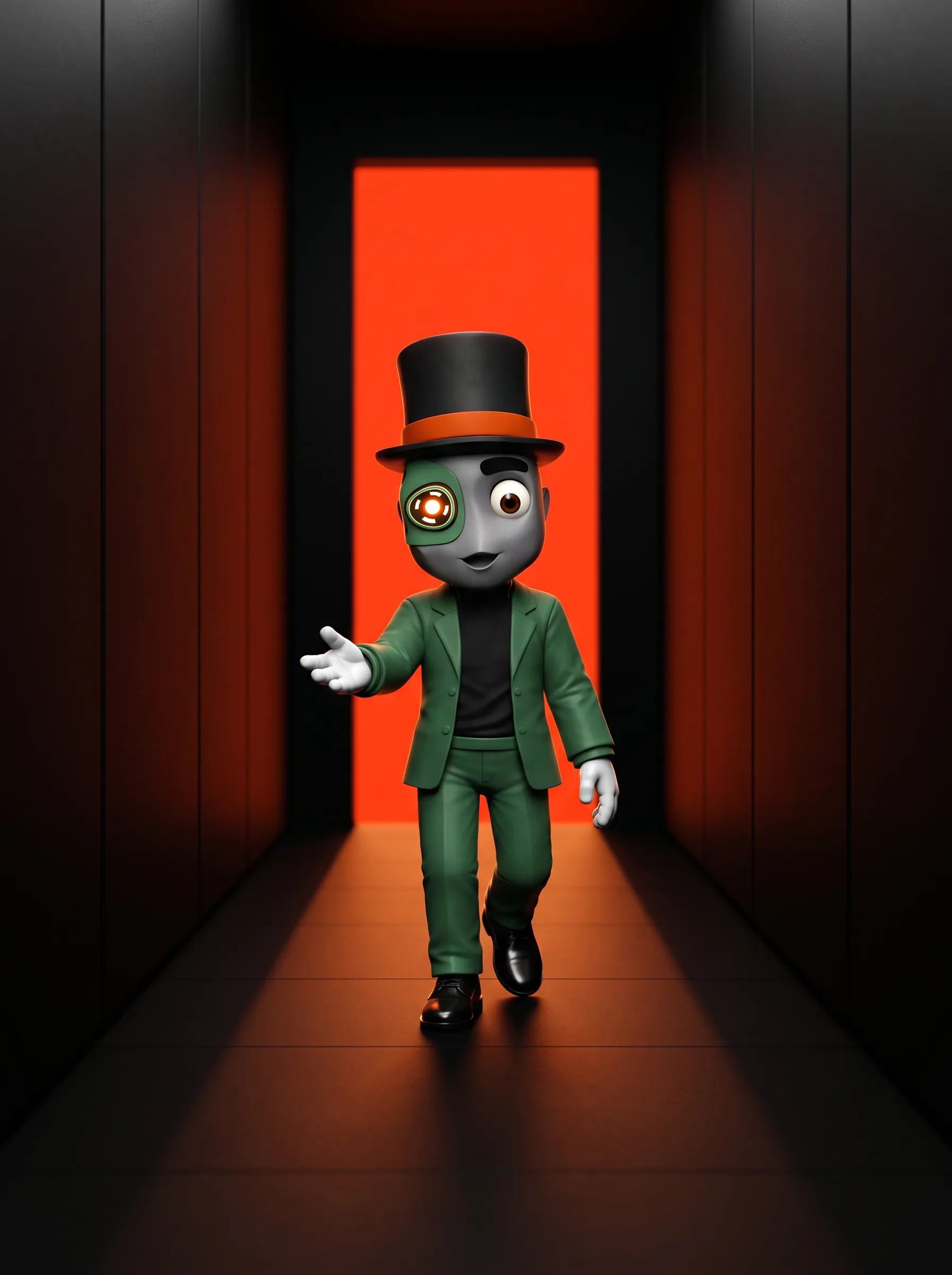 Tobbi, tamer's mascot, walking down a dark corridor with his hand extended in welcome toward a glowing orange doorway