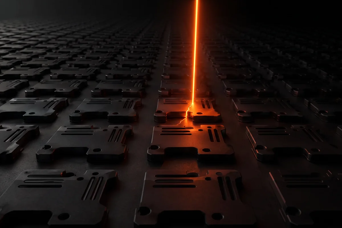 A small fault caught early by monitoring, shown as a scanning beam lighting one hairline crack in a row A small fault caught early by monitoring, shown as a scanning beam lighting one hairline crack in a row