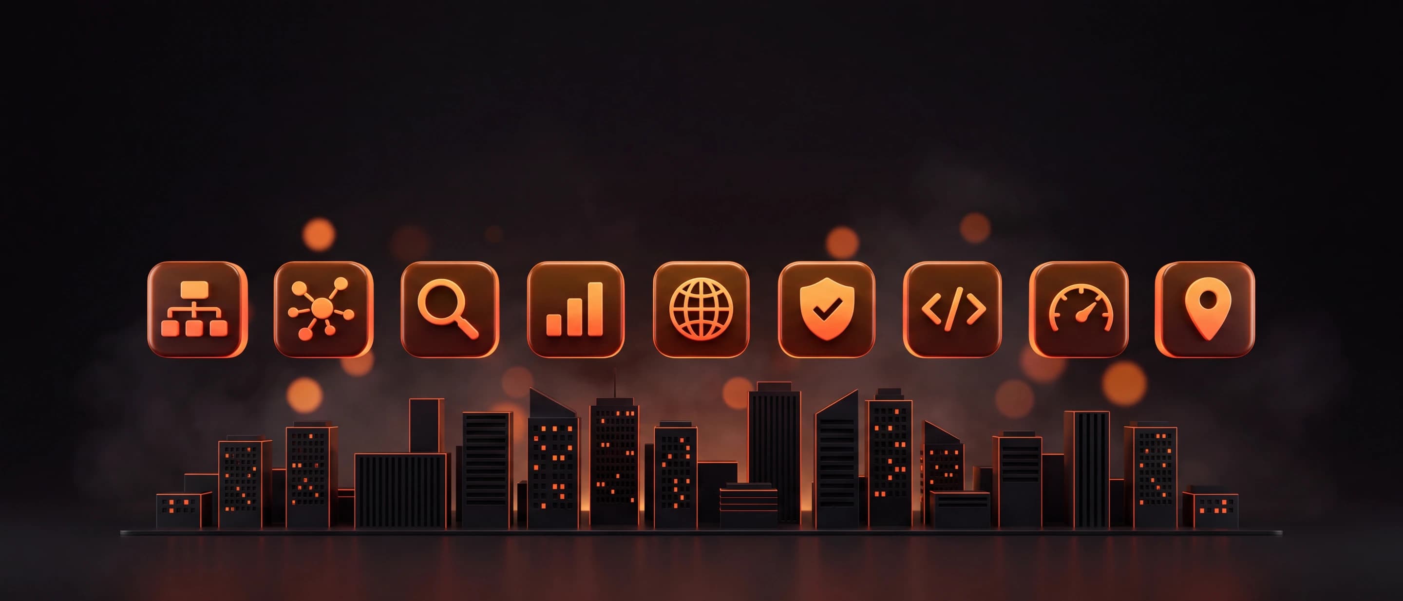 Enterprise SEO services by tamer Enterprise SEO across a whole corporate estate, shown as a skyline of towers under a band of lit tooling icons