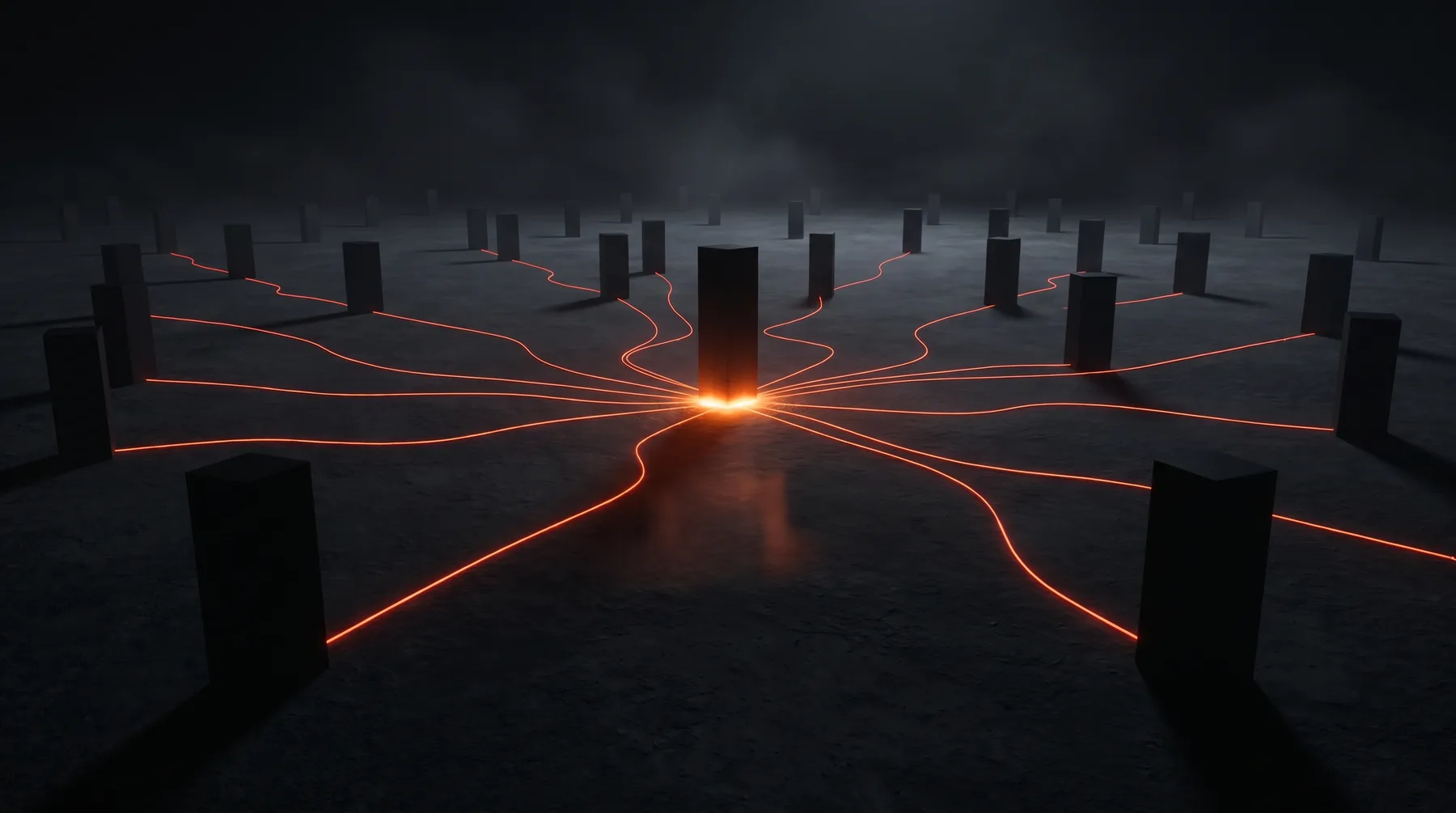Off-page SEO services by tamer Dark plain of scattered monoliths with glowing orange lines converging on one central structure, a metaphor for off-page SEO authority earned across the web