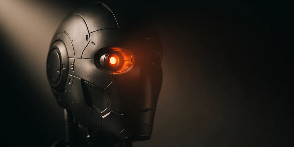 AI SEO: a matte black robot head in the dark with one orange optical sensor lit AI SEO: a matte black robot head in the dark with one orange optical sensor lit