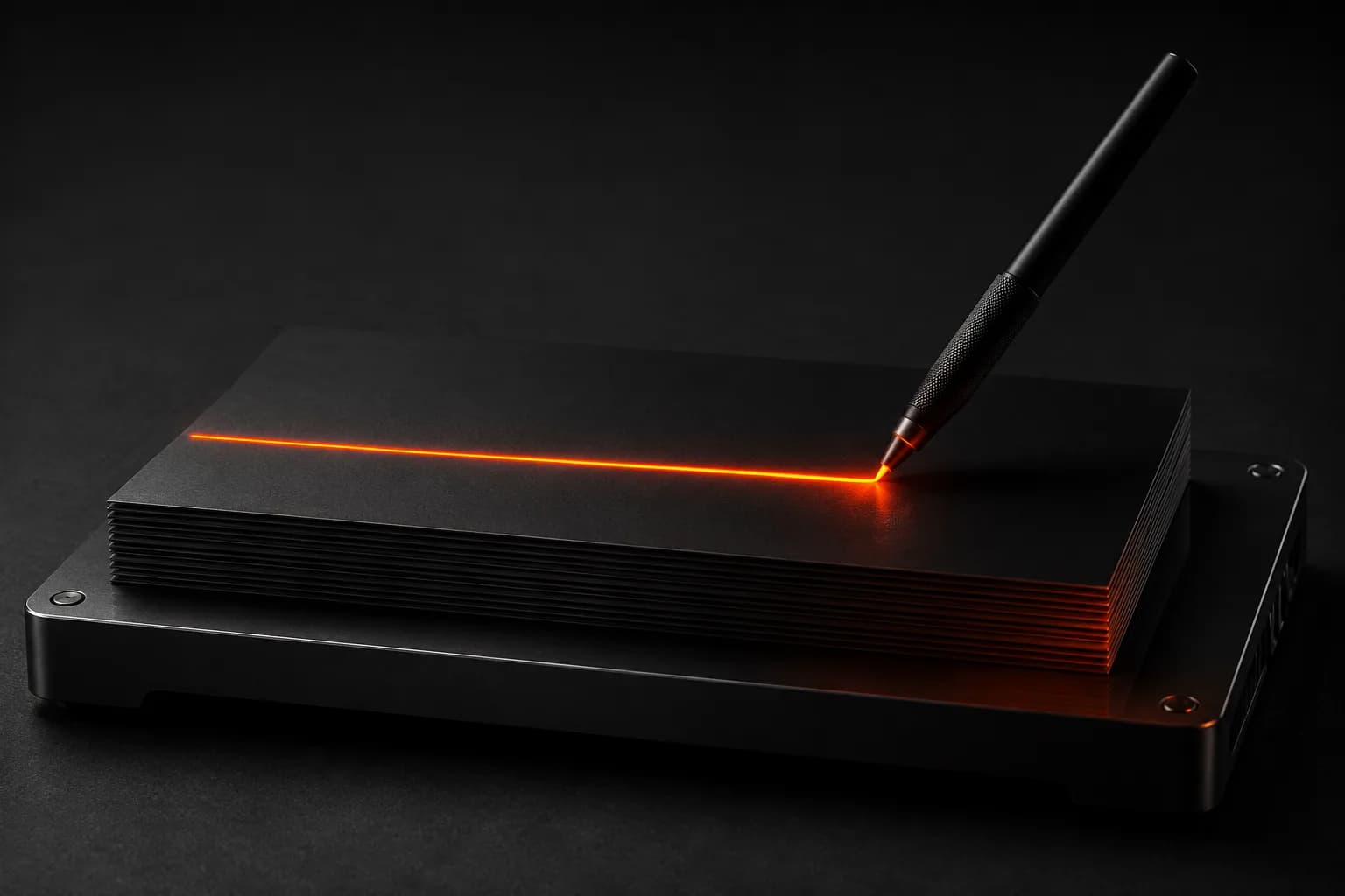 A black stylus caught mid-stroke drawing a fresh glowing orange line on the top sheet of a squared stack β a metaphor for blog writing: each article a new stroke against a real search A black stylus caught mid-stroke drawing a fresh glowing orange line on the top sheet of a squared stack β a metaphor for blog writing: each article a new stroke against a real search