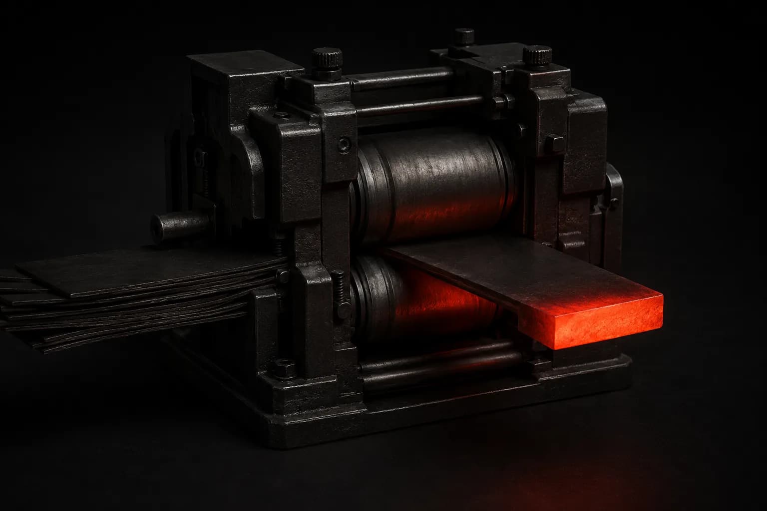 A black rolling mill taking in thin worn plates and releasing one dense plate with its leading edge glowing orange β a metaphor for website copy reforged into a piece that sells A black rolling mill taking in thin worn plates and releasing one dense plate with its leading edge glowing orange β a metaphor for website copy reforged into a piece that sells