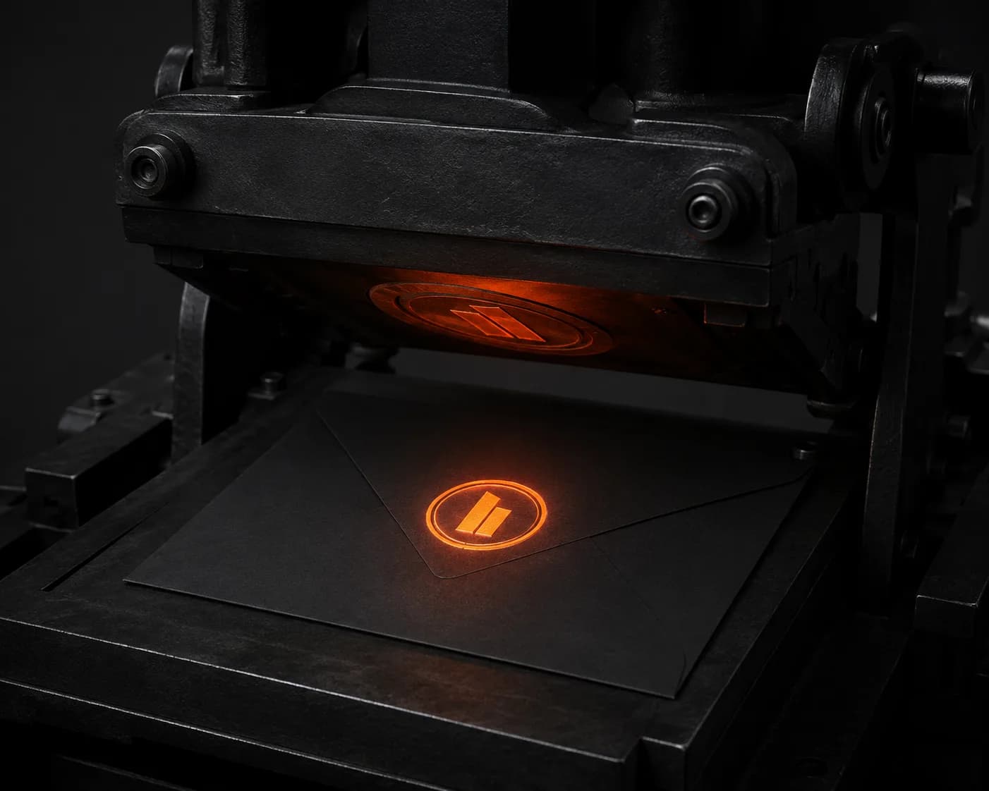 A heavy black letterpress lifting to reveal a crisp orange emblem stamped on a black envelope β a metaphor for email copy that carries a seal recognized before it is opened A heavy black letterpress lifting to reveal a crisp orange emblem stamped on a black envelope β a metaphor for email copy that carries a seal recognized before it is opened