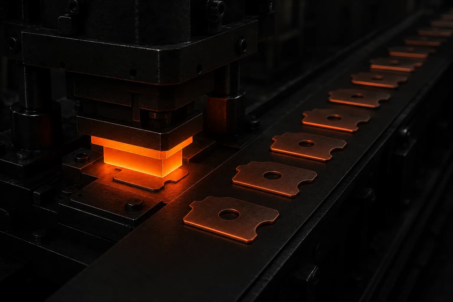 Programmatic pages produced from one template, shown as a press stamping identical blanks onto a feed line Programmatic pages produced from one template, shown as a press stamping identical blanks onto a feed line