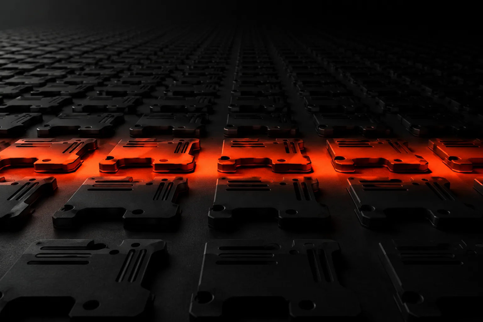 Technical SEO run across an entire estate, shown as a scanning line sweeping a field of identical plates Technical SEO run across an entire estate, shown as a scanning line sweeping a field of identical plates