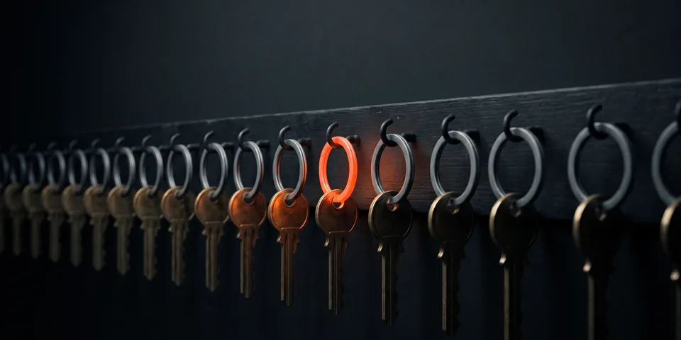 Franchise SEO: a row of identical keys with a single orange ring Franchise SEO: a row of identical keys with a single orange ring