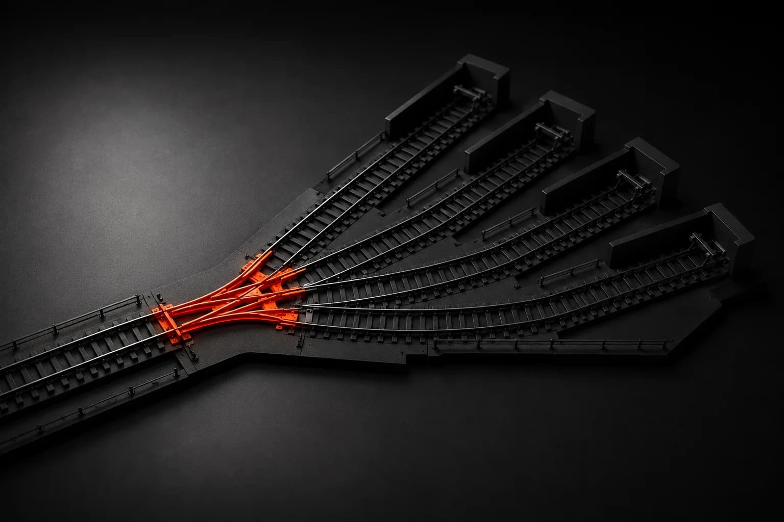 A black rail yard where one incoming track splits through a glowing orange switch into separate bays — a metaphor for hreflang setup sending every visitor down the track of their language A black rail yard where one incoming track splits through a glowing orange switch into separate bays — a metaphor for hreflang setup sending every visitor down the track of their language