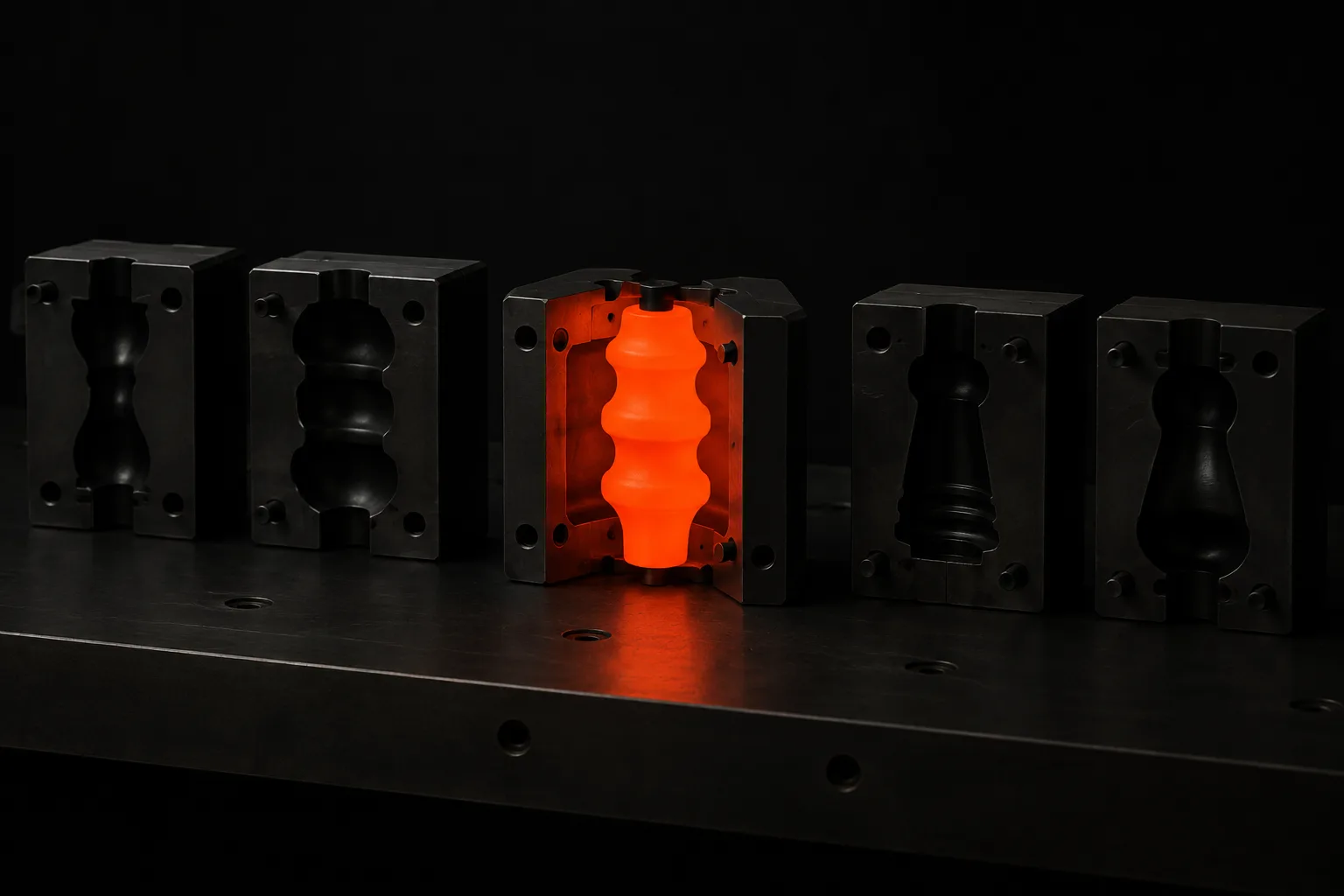 A row of black casting moulds each derived from the same master but shaped differently, one open mid-cast with its cavity glowing orange — a metaphor for localization that recasts the message in each market's mould A row of black casting moulds each derived from the same master but shaped differently, one open mid-cast with its cavity glowing orange — a metaphor for localization that recasts the message in each market's mould