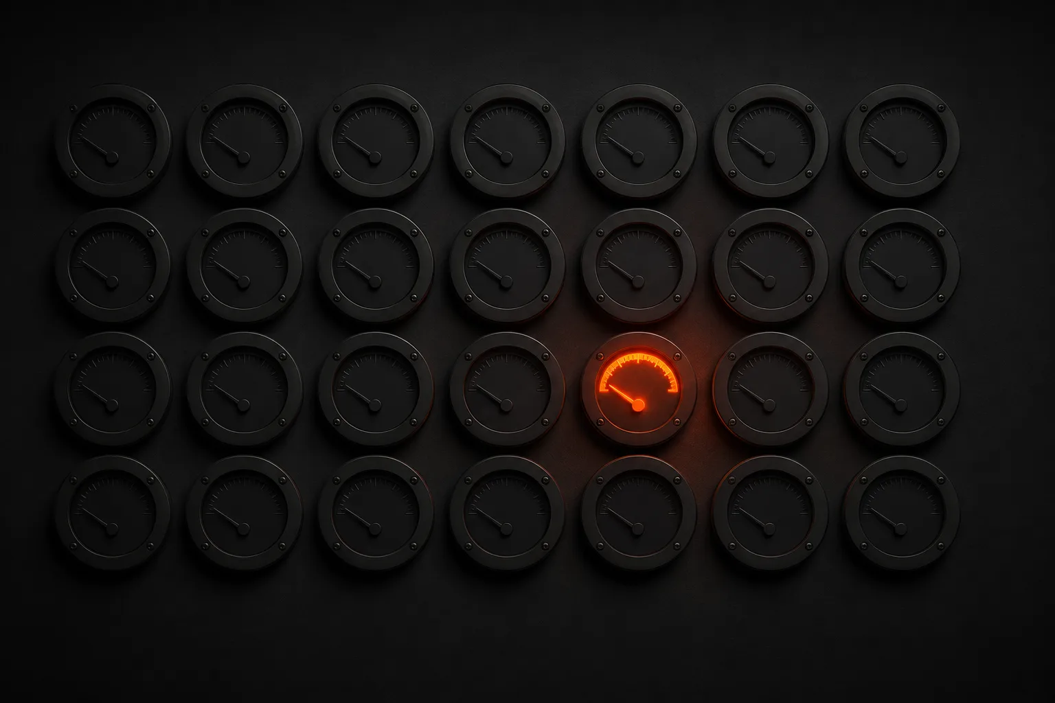 A dark wall of identical black gauges where a single dial glows solid orange mid-reading — a metaphor for monitoring every market and spotting instantly which one needs attention A dark wall of identical black gauges where a single dial glows solid orange mid-reading — a metaphor for monitoring every market and spotting instantly which one needs attention