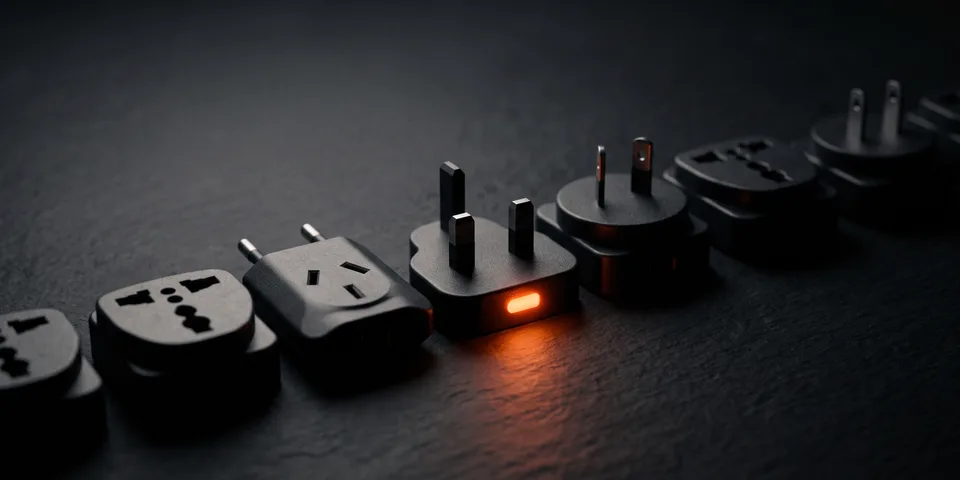 International SEO: one lit orange indicator among plug adapters of many countries International SEO: one lit orange indicator among plug adapters of many countries