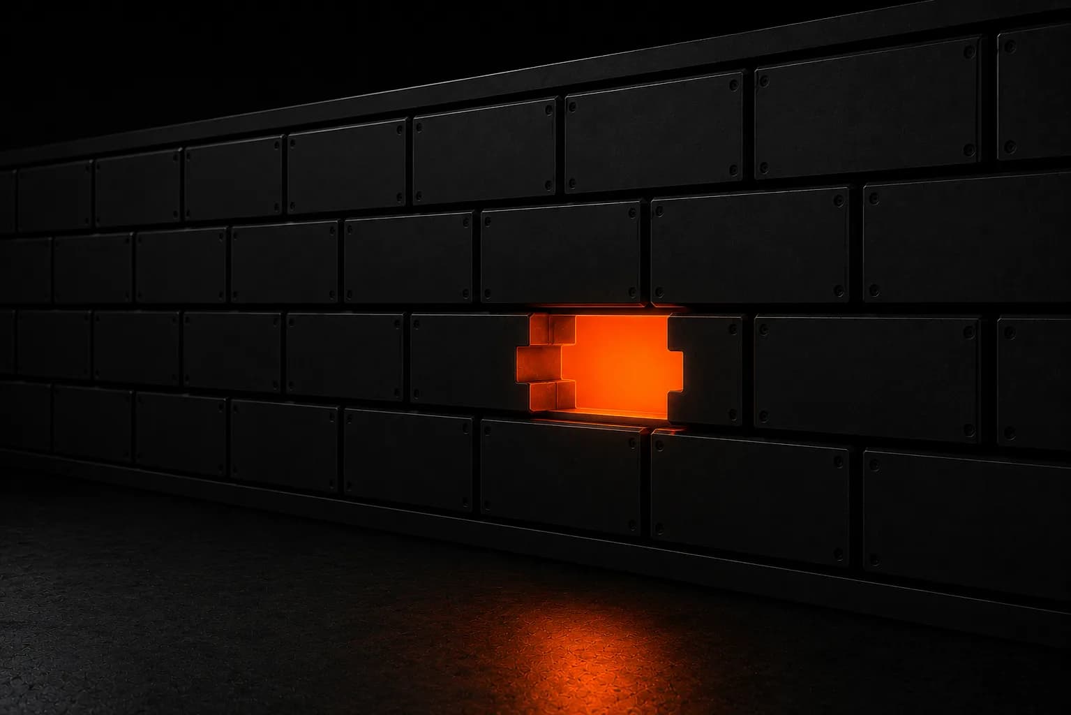 Un muro de bloques negros con un hueco vacío brillando en naranja con la forma exacta del bloque que falta — metáfora de la identificación de brechas de contenido, donde el tema que falta se ve de lejos Un muro de bloques negros con un hueco vacío brillando en naranja con la forma exacta del bloque que falta — metáfora de la identificación de brechas de contenido, donde el tema que falta se ve de lejos