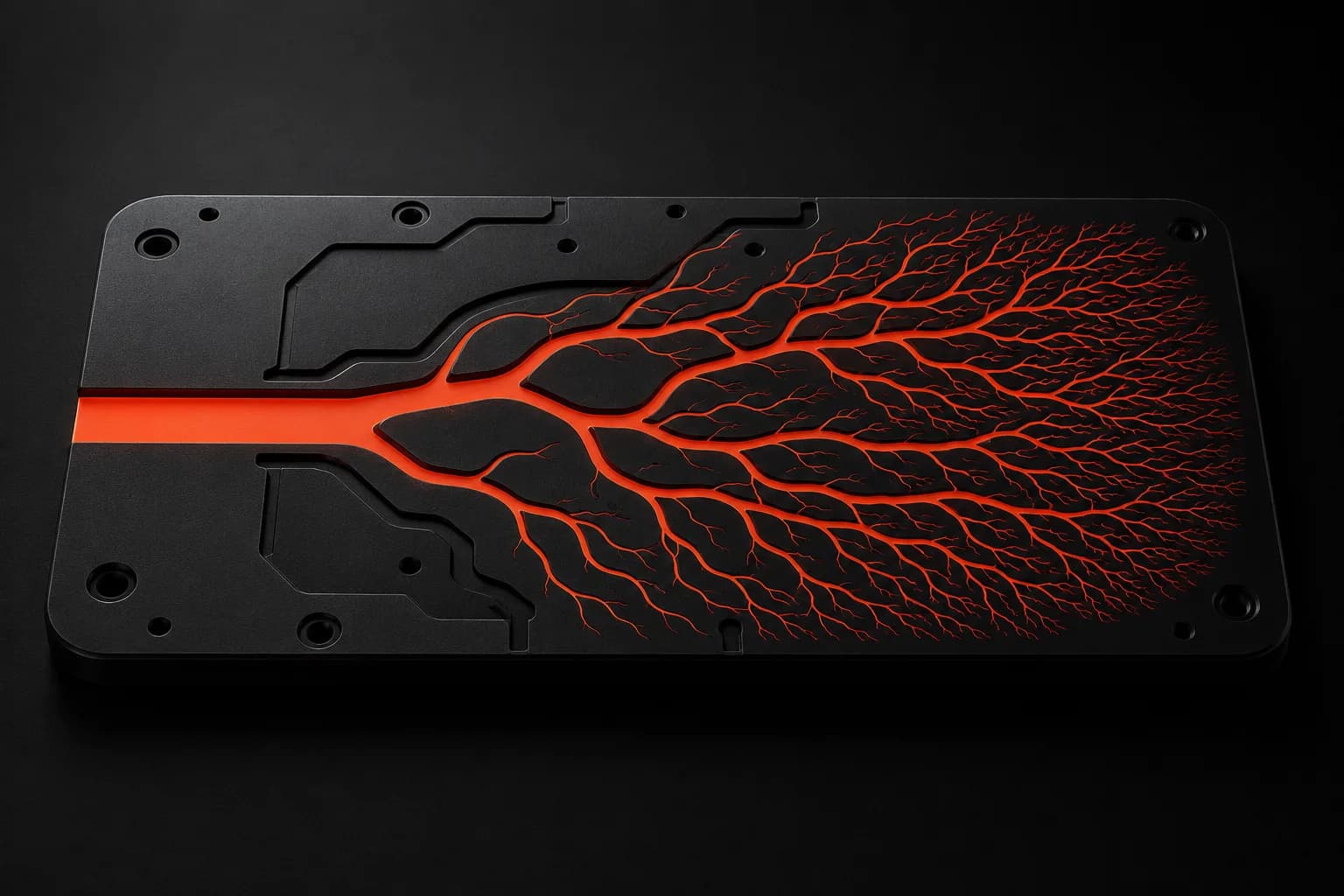 Un panel donde un canal principal naranja se ramifica en decenas de venas finas encendidas hasta la punta — metáfora de la expansión long-tail sacando cientos de variantes de una sola raíz Un panel donde un canal principal naranja se ramifica en decenas de venas finas encendidas hasta la punta — metáfora de la expansión long-tail sacando cientos de variantes de una sola raíz