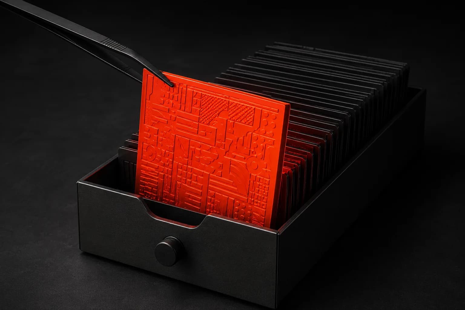 Un cajón de placas grabadas con unas pinzas levantando la única placa naranja elegida — metáfora de la investigación editorial eligiendo los sitios con tinta de verdad Un cajón de placas grabadas con unas pinzas levantando la única placa naranja elegida — metáfora de la investigación editorial eligiendo los sitios con tinta de verdad