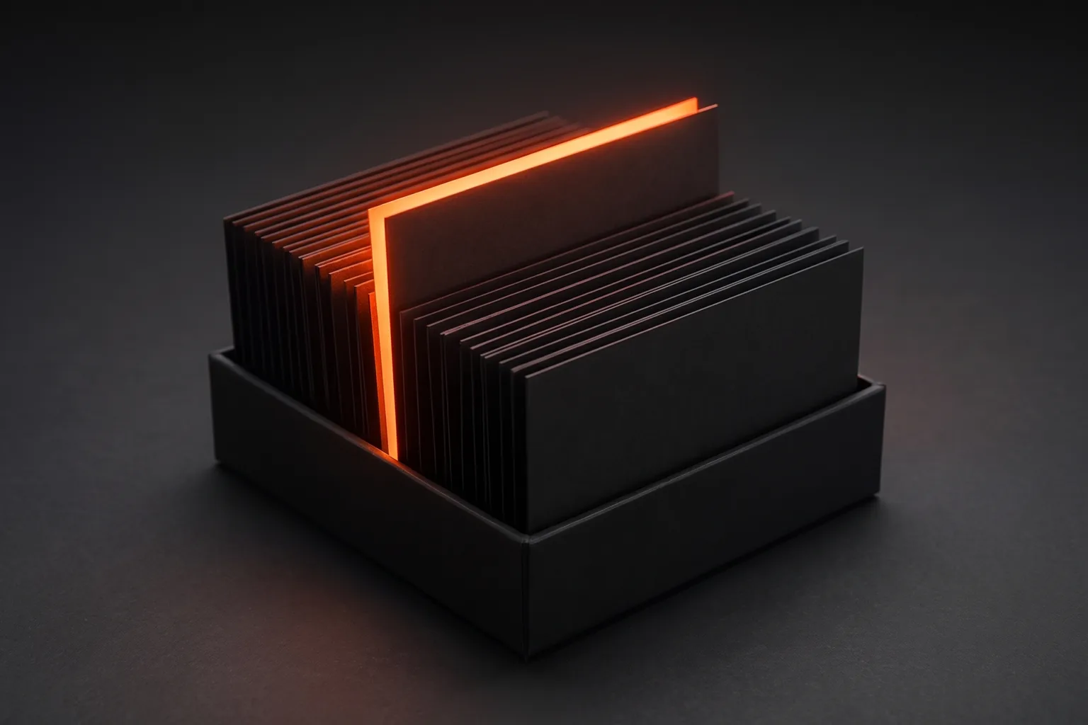 A row of matte black index cards in a card file, one card raised with its edge glowing orange — a metaphor for citation management where every listing is checked and corrected A row of matte black index cards in a card file, one card raised with its edge glowing orange — a metaphor for citation management where every listing is checked and corrected