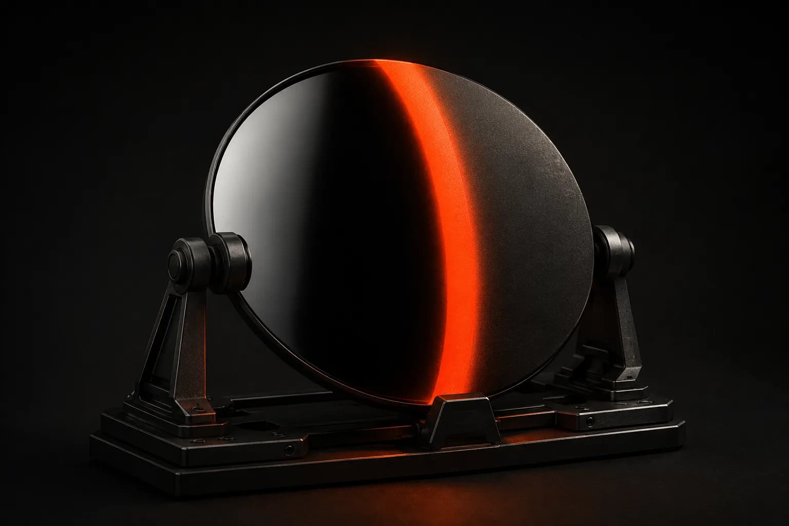 A black disc mounted on a stand with an orange polishing band sweeping across its face — a metaphor for reputation management polishing trust review by review A black disc mounted on a stand with an orange polishing band sweeping across its face — a metaphor for reputation management polishing trust review by review