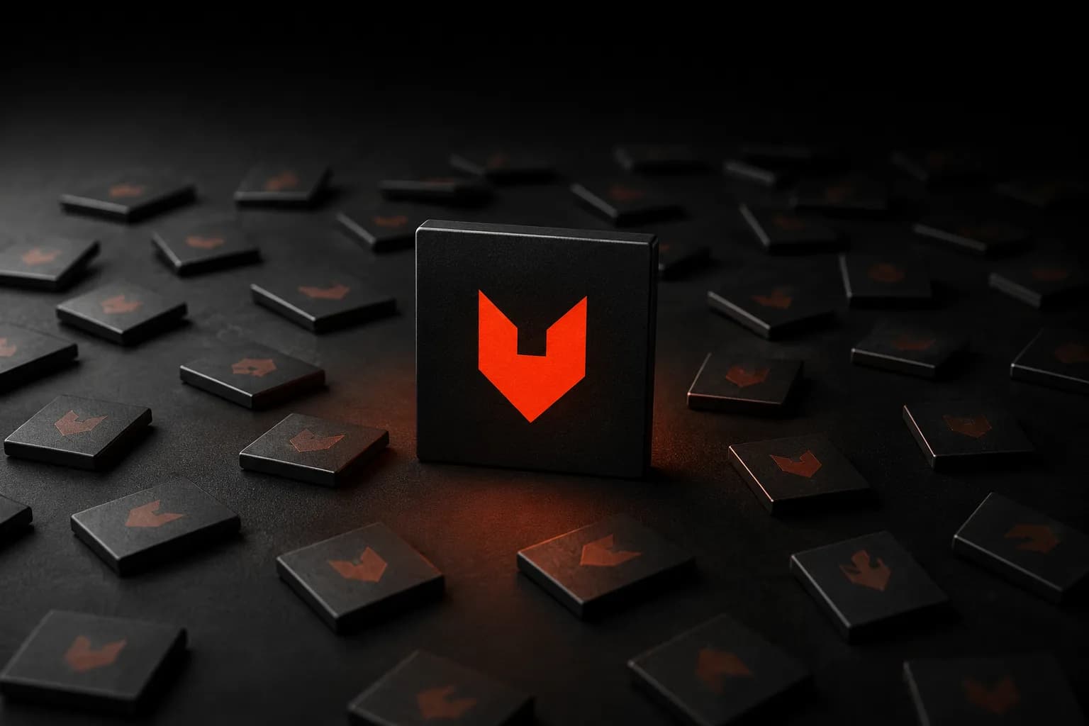 A central orange emblem surrounded by plates carrying fainter imprints of the same symbol — a metaphor for brand mention building where every mention is an echo of the mark A central orange emblem surrounded by plates carrying fainter imprints of the same symbol — a metaphor for brand mention building where every mention is an echo of the mark