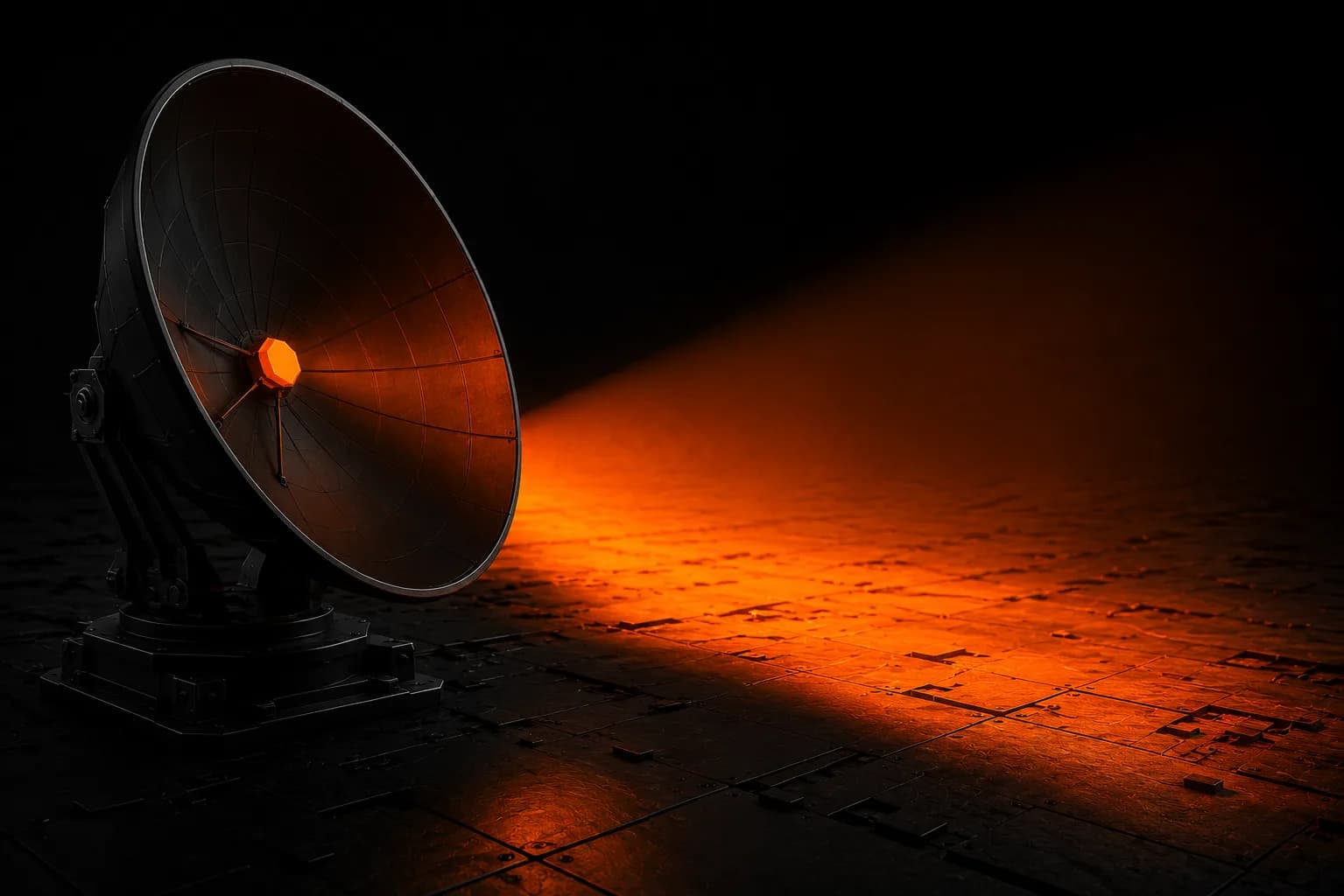 A black parabolic dish projecting a wide orange beam across the floor — a metaphor for influencer outreach amplifying a small signal into broad reach A black parabolic dish projecting a wide orange beam across the floor — a metaphor for influencer outreach amplifying a small signal into broad reach