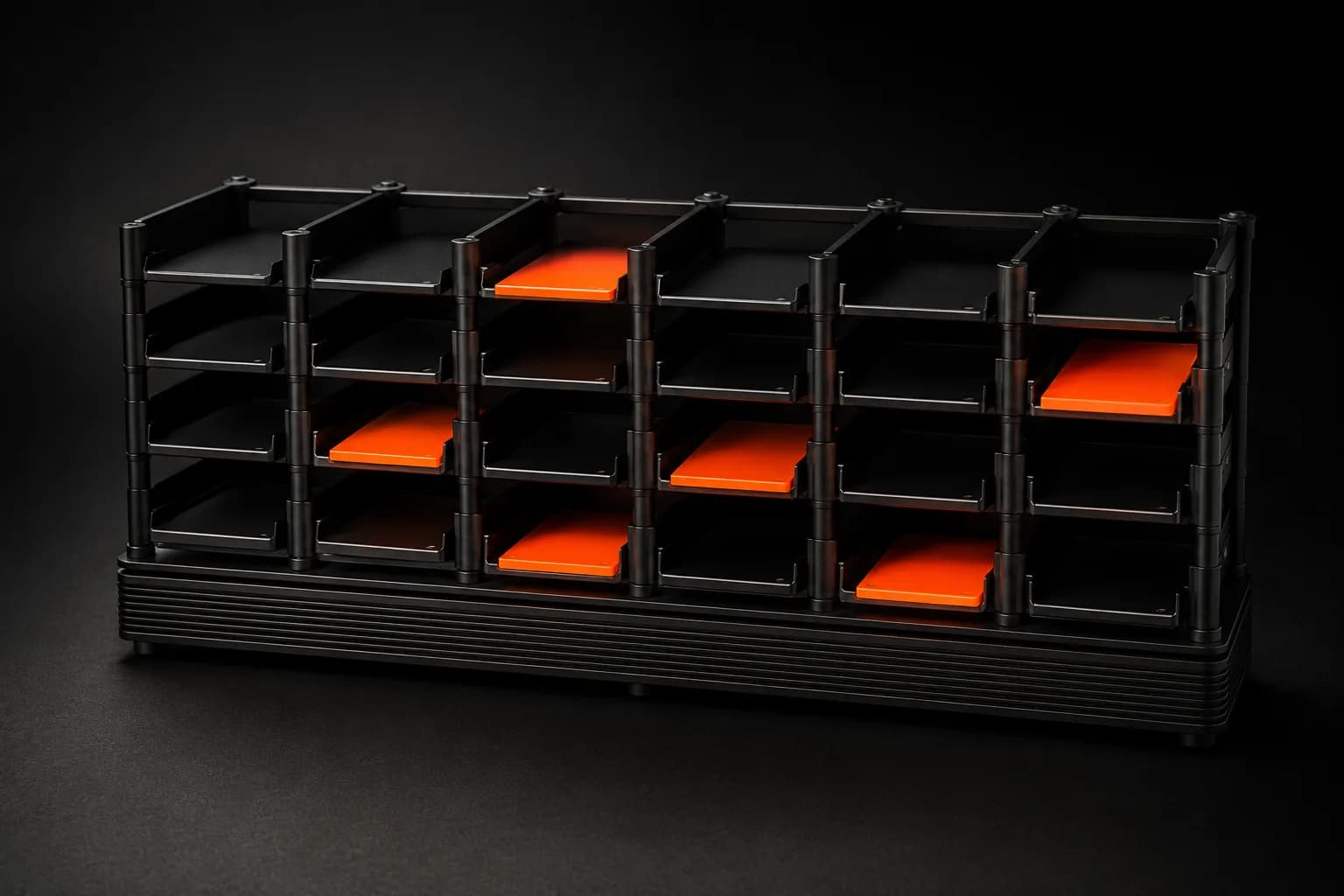 A shelving unit of black trays with orange plates placed neatly across the shelves — a metaphor for social bookmarking putting the same piece on many shelves A shelving unit of black trays with orange plates placed neatly across the shelves — a metaphor for social bookmarking putting the same piece on many shelves