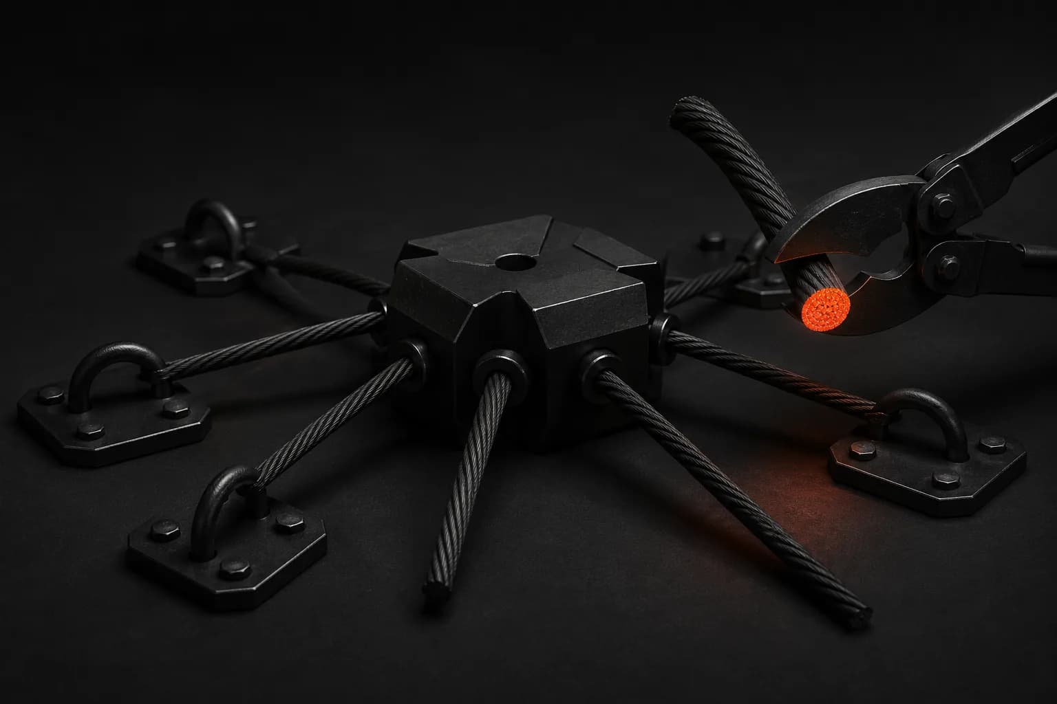 Black pincers cutting one cable out of a bundle, the cut glowing incandescent — a metaphor for toxic link removal pruning what contaminates the profile Black pincers cutting one cable out of a bundle, the cut glowing incandescent — a metaphor for toxic link removal pruning what contaminates the profile
