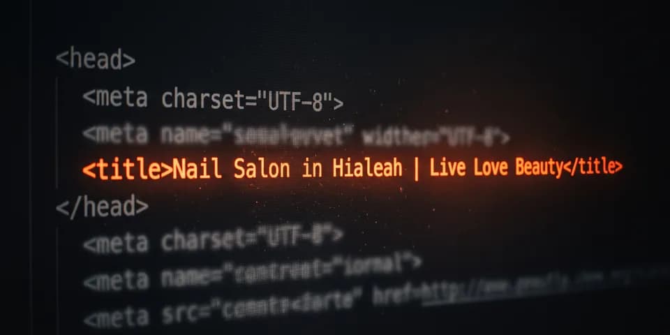 SEO earned inside the page, shown as a title tag glowing orange in a dimmed code editor SEO earned inside the page, shown as a title tag glowing orange in a dimmed code editor