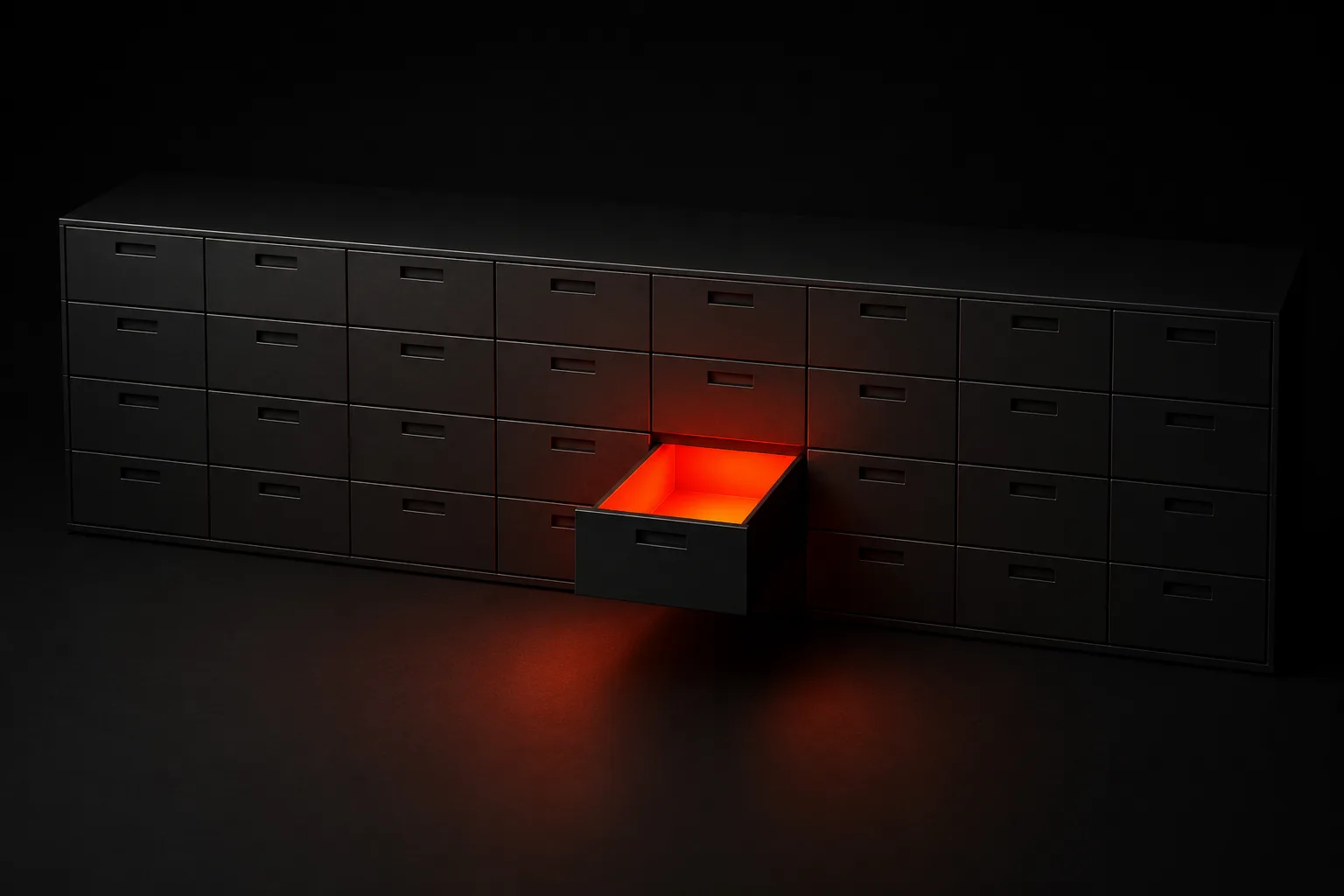 A rigid grid of identical matte black drawers with one pulled fully open, its interior a clean glowing orange volume — a metaphor for opening an ad account, auditing it, and leaving it clean and ordered A rigid grid of identical matte black drawers with one pulled fully open, its interior a clean glowing orange volume — a metaphor for opening an ad account, auditing it, and leaving it clean and ordered