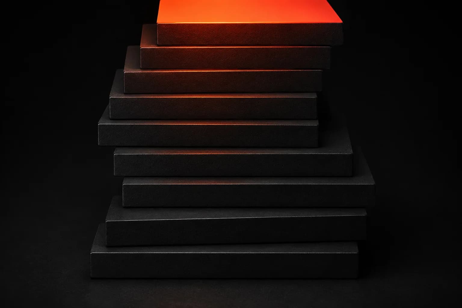 A tall staircase of offset black slabs rising out of frame, the topmost face a solid plane of glowing orange washing light down every edge beneath — a metaphor for climbing product by product to the top position A tall staircase of offset black slabs rising out of frame, the topmost face a solid plane of glowing orange washing light down every edge beneath — a metaphor for climbing product by product to the top position