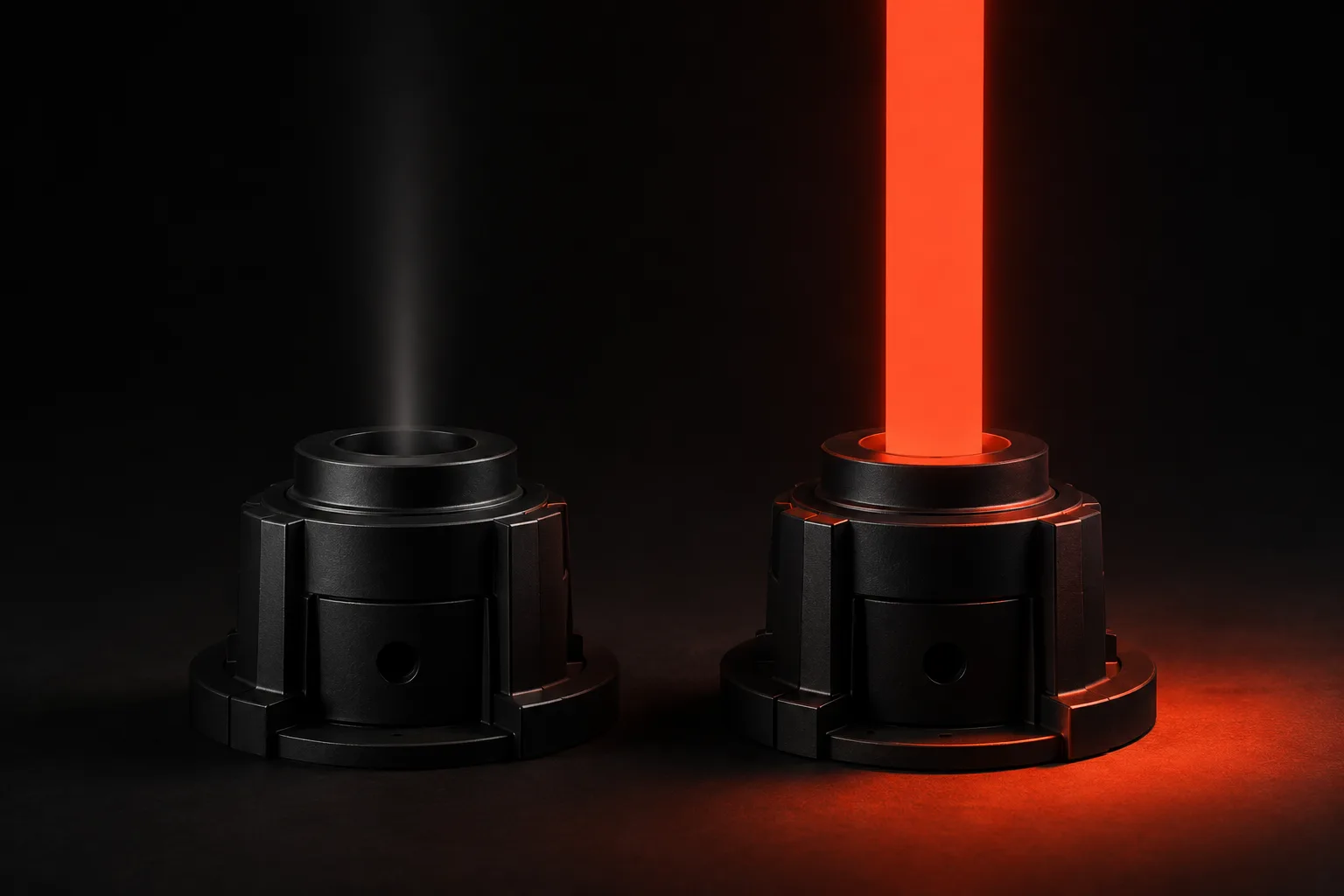Two nearly identical black emitters side by side, one releasing a thin grey wisp that dissipates while the other fires a thick solid orange column at full strength — a metaphor for testing variants that look alike but perform nothing alike Two nearly identical black emitters side by side, one releasing a thin grey wisp that dissipates while the other fires a thick solid orange column at full strength — a metaphor for testing variants that look alike but perform nothing alike