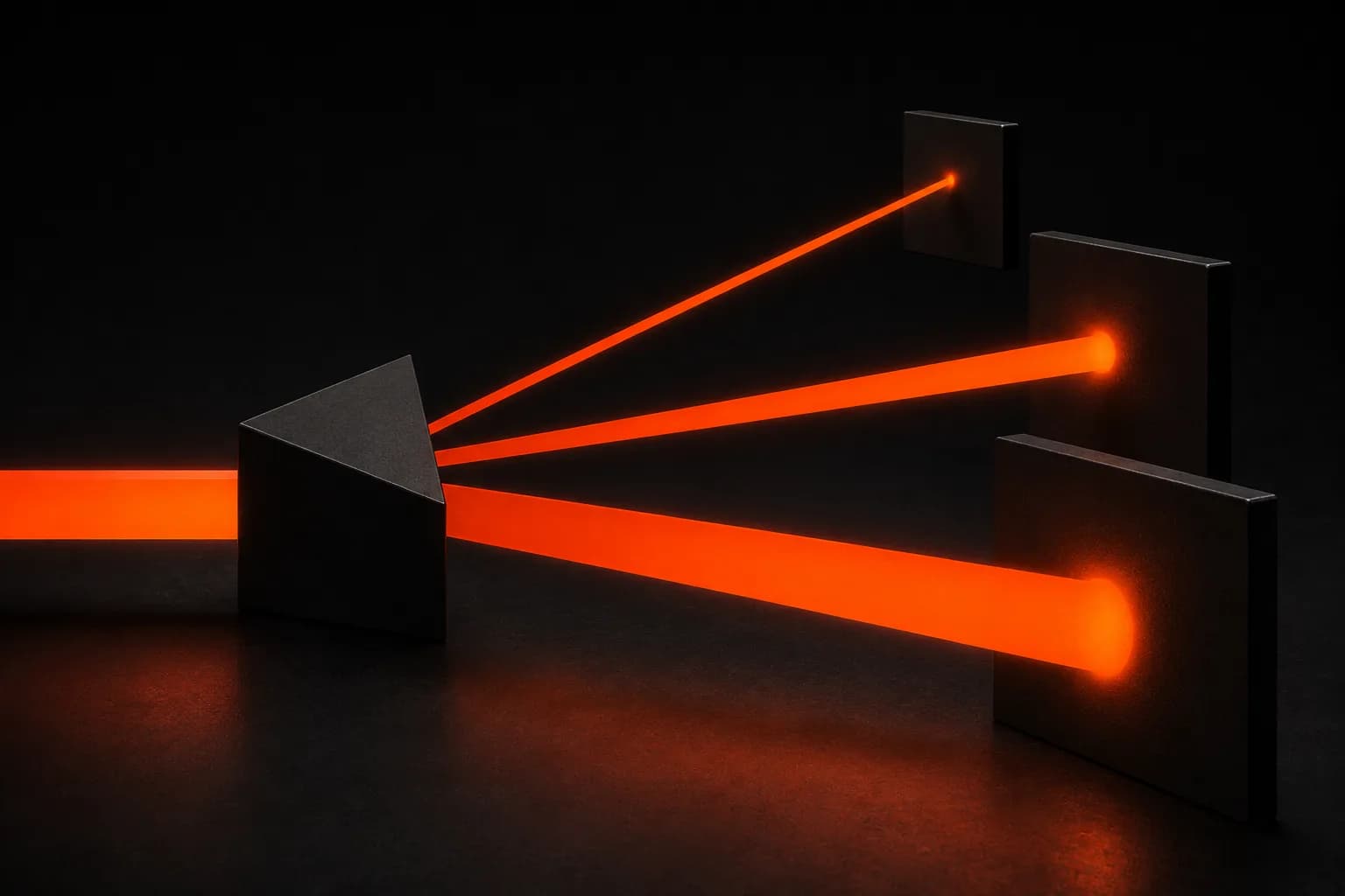 A solid orange beam striking a black prism and splitting into three beams of different calibres that land on three separate target plates — a metaphor for one budget distributed across Search, Display, and YouTube with different weights A solid orange beam striking a black prism and splitting into three beams of different calibres that land on three separate target plates — a metaphor for one budget distributed across Search, Display, and YouTube with different weights
