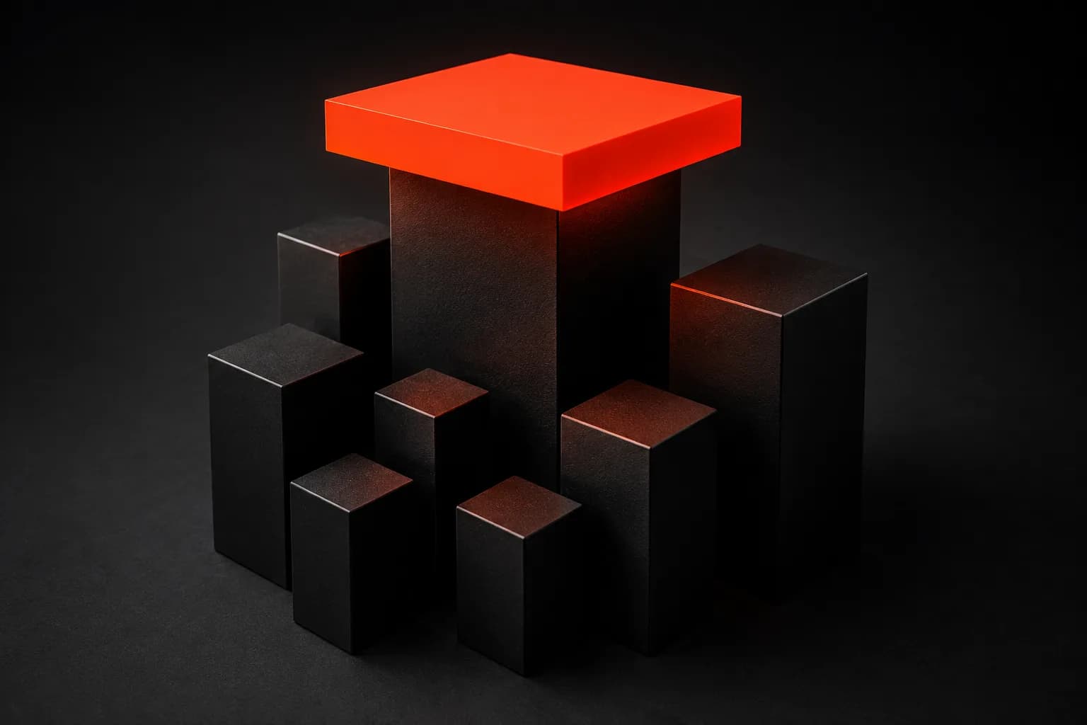 A cluster of black columns of varying heights where the tallest is capped by a wide slab of glowing orange that lights the tops of all the rest — a metaphor for the one number that supports the decision A cluster of black columns of varying heights where the tallest is capped by a wide slab of glowing orange that lights the tops of all the rest — a metaphor for the one number that supports the decision
