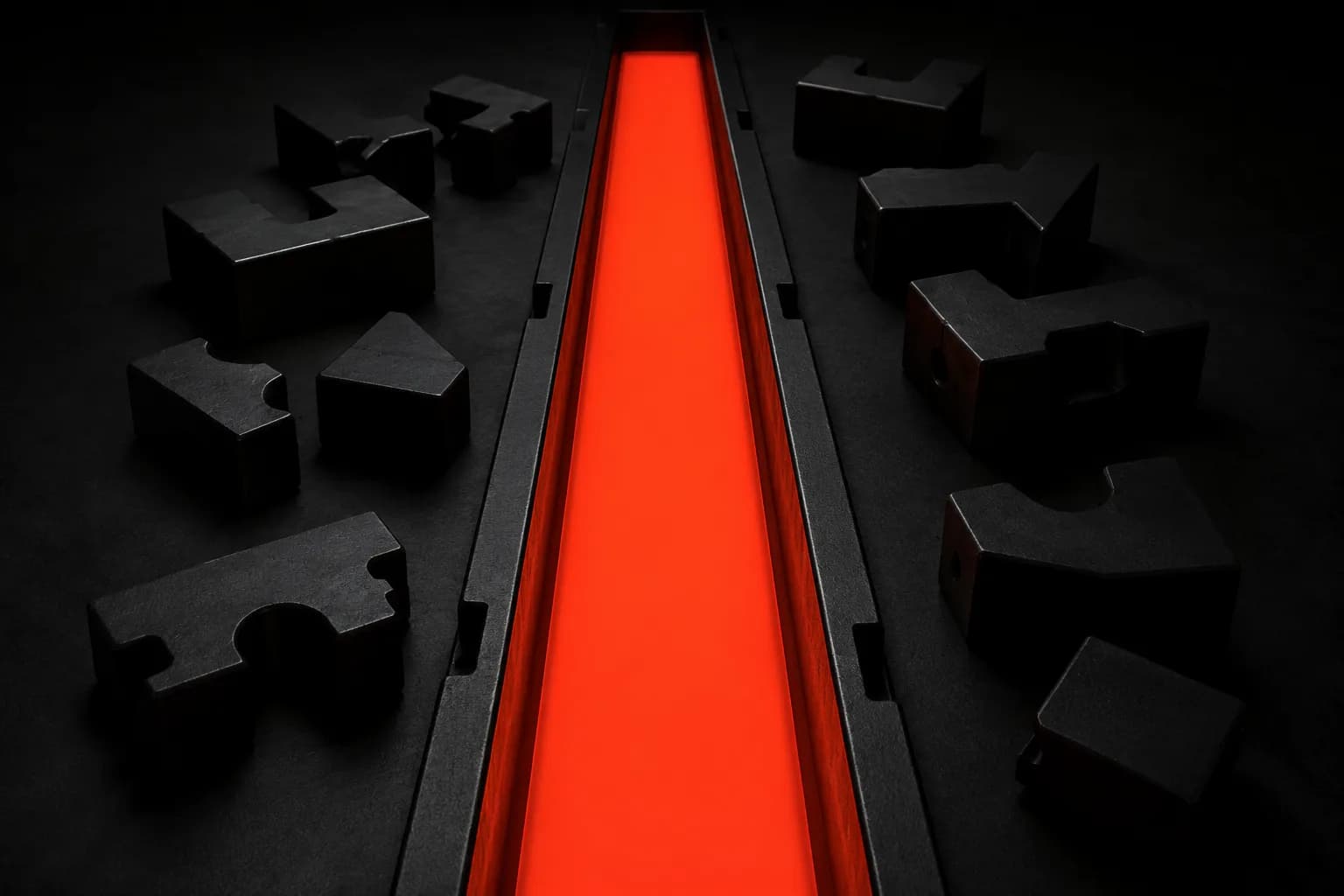 A wide black channel running straight to the back of the frame, filled end to end with solid glowing orange, while the obstacle blocks that used to sit in the way lie pushed aside in shadow — a metaphor for clearing every post-click obstacle from the path to conversion A wide black channel running straight to the back of the frame, filled end to end with solid glowing orange, while the obstacle blocks that used to sit in the way lie pushed aside in shadow — a metaphor for clearing every post-click obstacle from the path to conversion