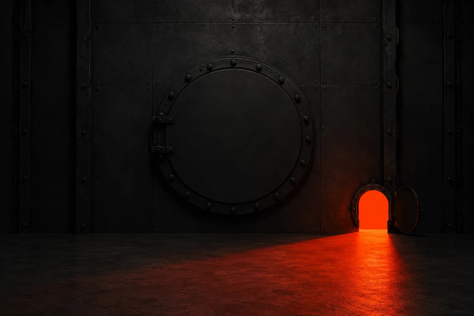 A vast black wall with an enormous bolted hatch sealed shut in the centre while a small side hatch stands open, flooding the floor with orange light — a metaphor for the overlooked channel that delivers A vast black wall with an enormous bolted hatch sealed shut in the centre while a small side hatch stands open, flooding the floor with orange light — a metaphor for the overlooked channel that delivers