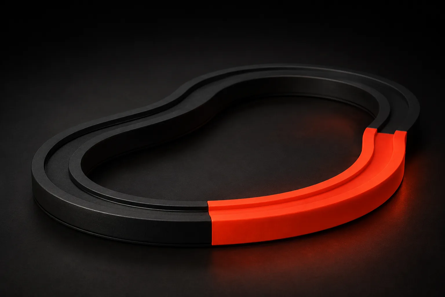 A closed black track looping into the distance with its entire returning arc glowing solid orange — a metaphor for the visitor who left and comes back: what lights up is the return A closed black track looping into the distance with its entire returning arc glowing solid orange — a metaphor for the visitor who left and comes back: what lights up is the return