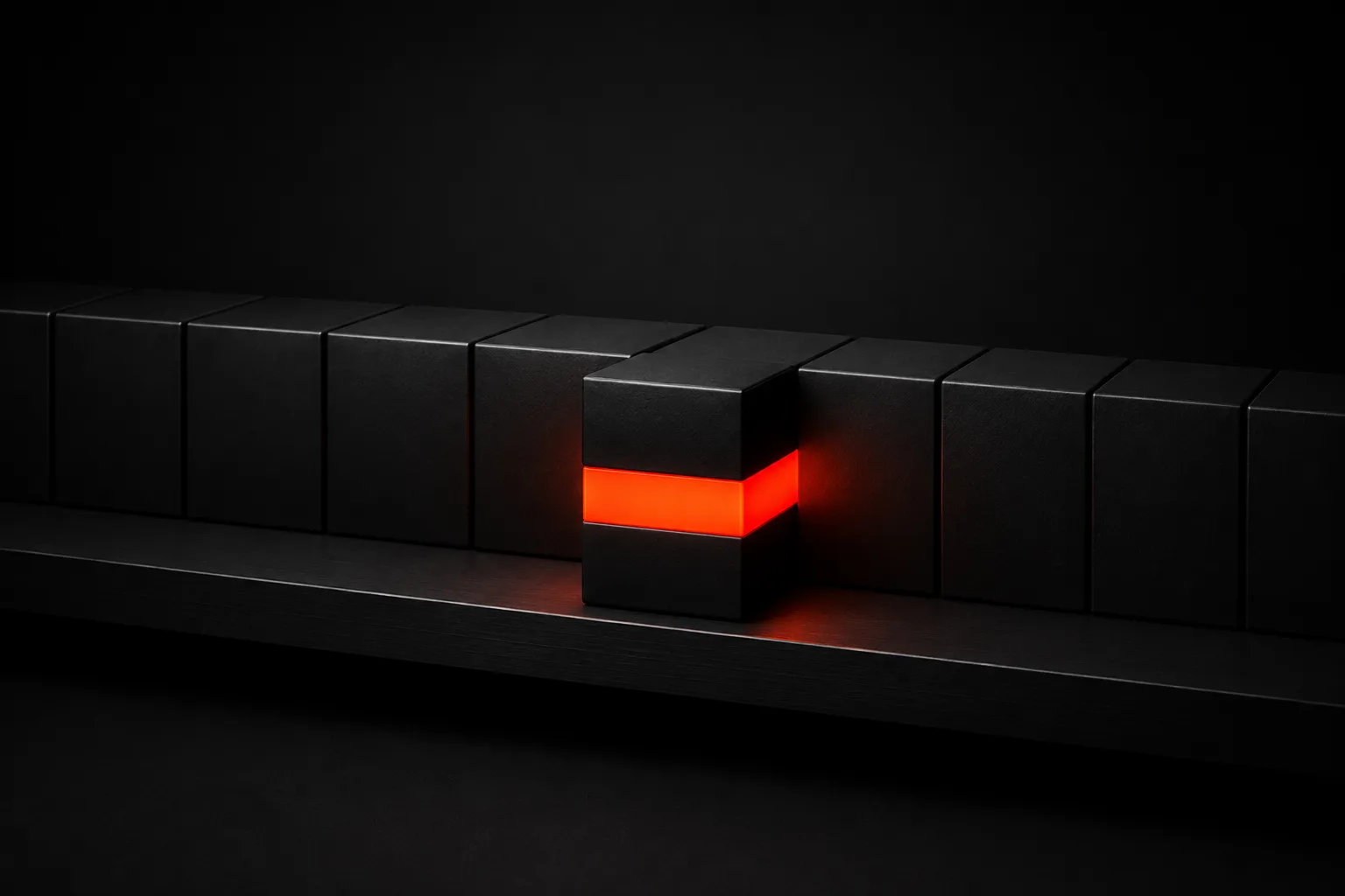 A row of identical black boxes on a shelf with one pushed forward and wrapped in a glowing orange band — a metaphor for a product feed ranked by margin and stock, where not every product earns the same push A row of identical black boxes on a shelf with one pushed forward and wrapped in a glowing orange band — a metaphor for a product feed ranked by margin and stock, where not every product earns the same push
