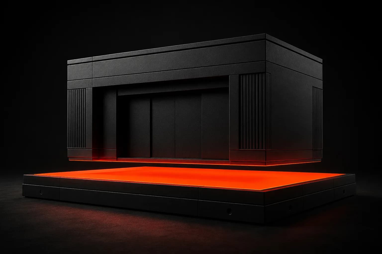 A black store module settling onto a platform whose top face glows orange — a metaphor for Shopify SEO seating the store firmly on its platform A black store module settling onto a platform whose top face glows orange — a metaphor for Shopify SEO seating the store firmly on its platform