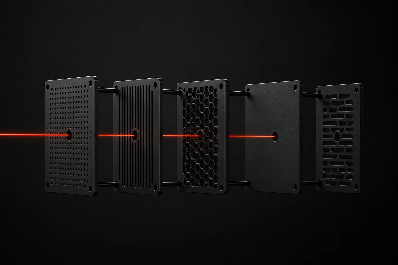 A row of black plates with an orange laser passing through every one of them — a metaphor for a local SEO audit that checks each layer of your local visibility A row of black plates with an orange laser passing through every one of them — a metaphor for a local SEO audit that checks each layer of your local visibility
