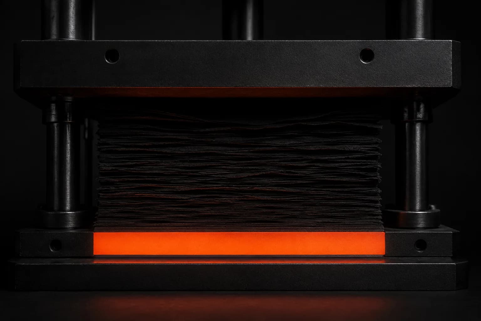 Image weight cut without losing sharpness, shown as a press compressing a stack of sheets into a thin slab Image weight cut without losing sharpness, shown as a press compressing a stack of sheets into a thin slab