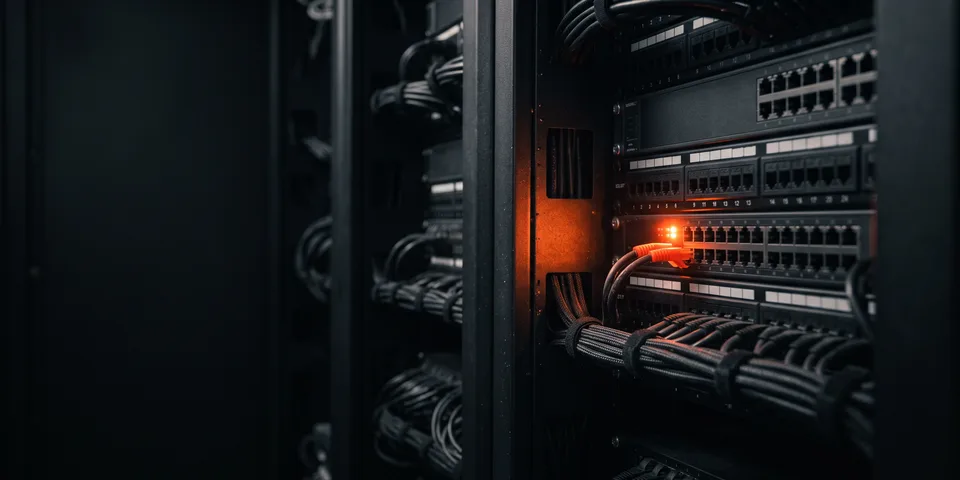 A technical SEO audit checking the infrastructure, shown as one orange port LED lit in a dark server rack A technical SEO audit checking the infrastructure, shown as one orange port LED lit in a dark server rack
