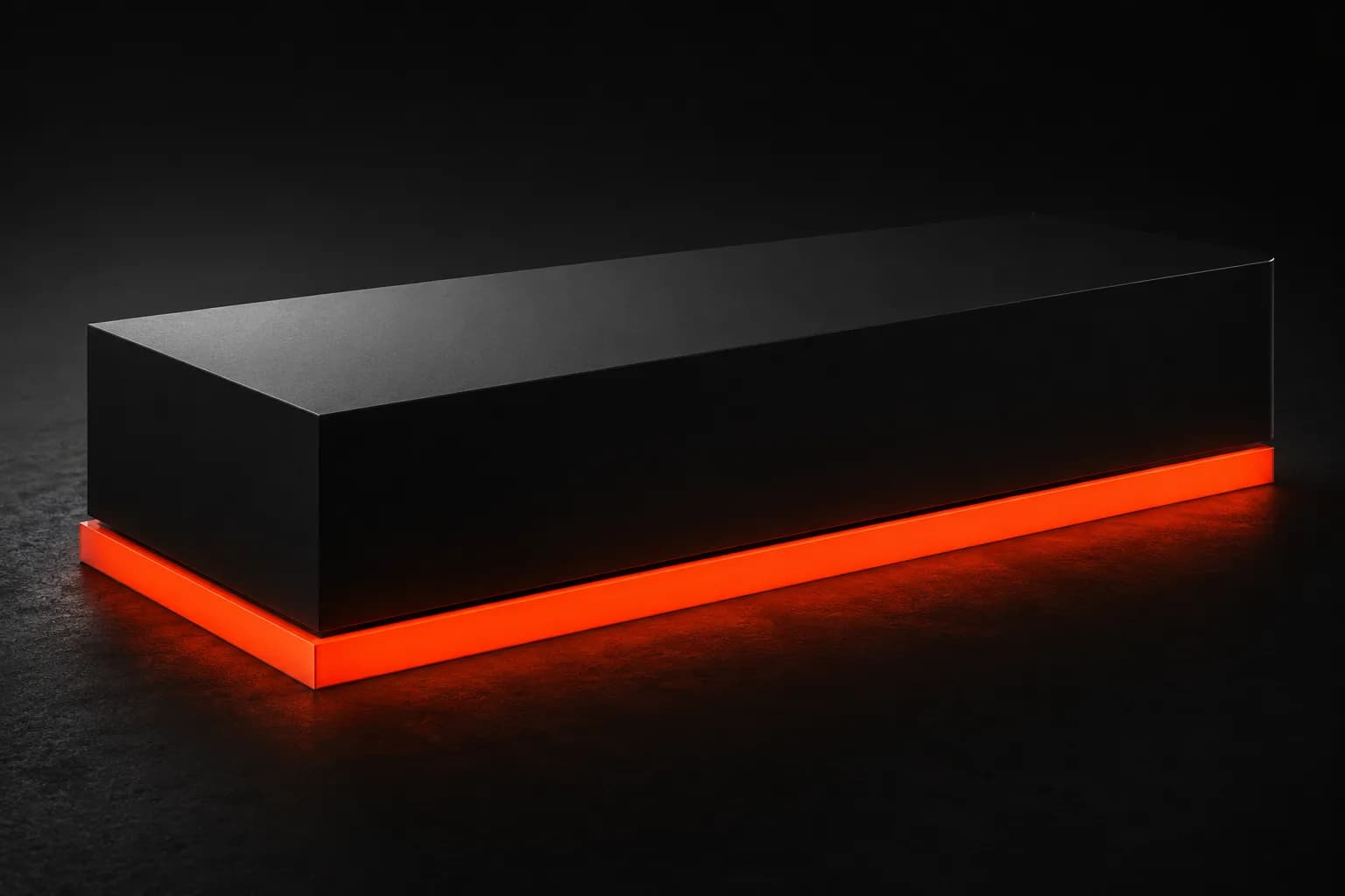 Un volumen negro limpio descansando sobre una losa de cimentación naranja encendida — metáfora del hosting: la base que nadie ve sosteniendo todo lo visible Un volumen negro limpio descansando sobre una losa de cimentación naranja encendida — metáfora del hosting: la base que nadie ve sosteniendo todo lo visible