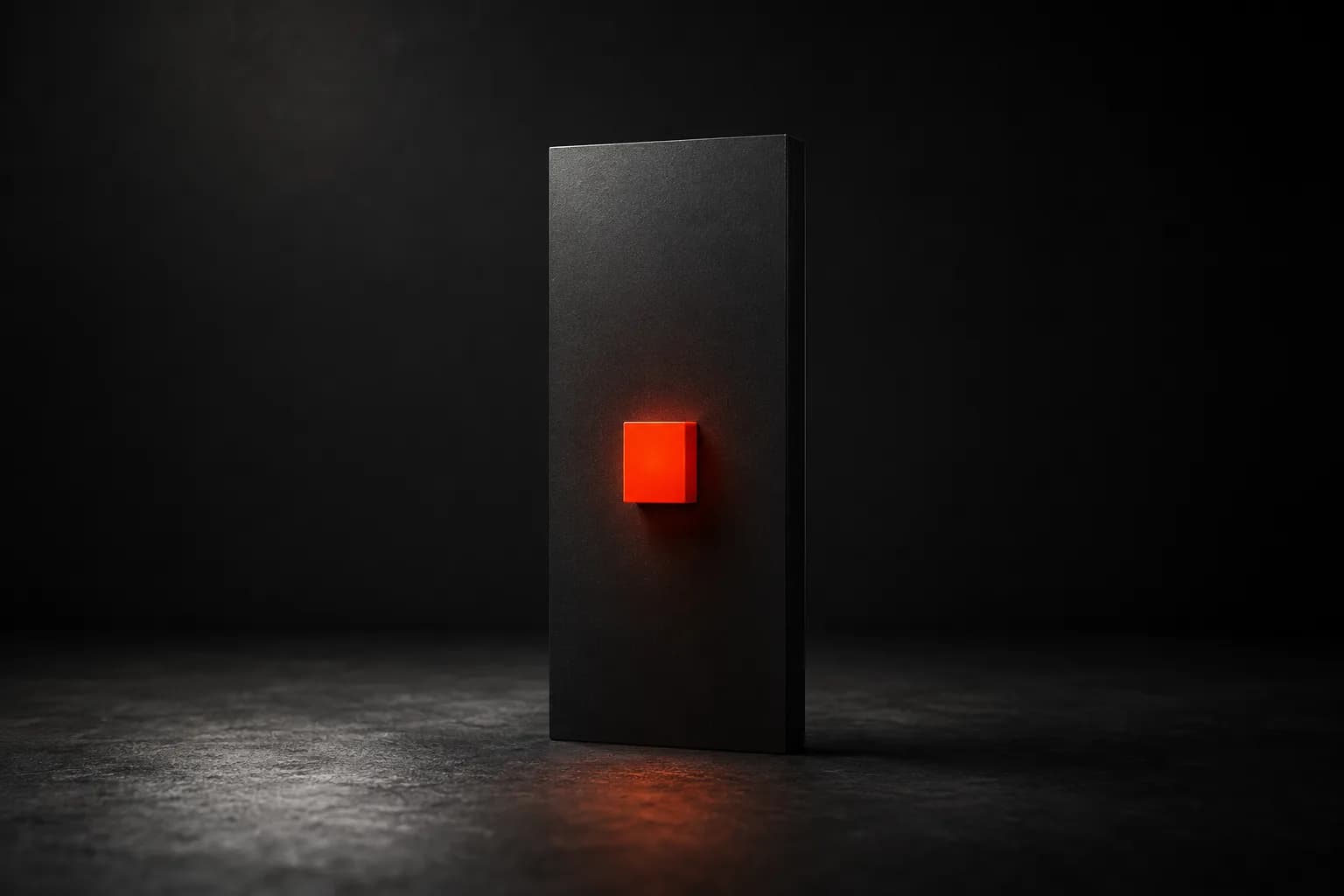 Un único panel negro desnudo salvo por una placa naranja encendida en el centro — metáfora de una landing construida alrededor de un solo objetivo, sin nada que compita Un único panel negro desnudo salvo por una placa naranja encendida en el centro — metáfora de una landing construida alrededor de un solo objetivo, sin nada que compita