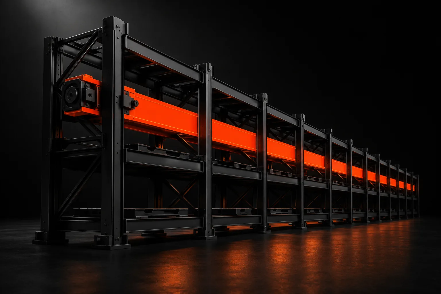 Un rack industrial negro enorme con una única viga naranja recorriéndolo de punta a punta — metáfora de tiendas Magento construidas como estructura industrial para catálogos complejos Un rack industrial negro enorme con una única viga naranja recorriéndolo de punta a punta — metáfora de tiendas Magento construidas como estructura industrial para catálogos complejos