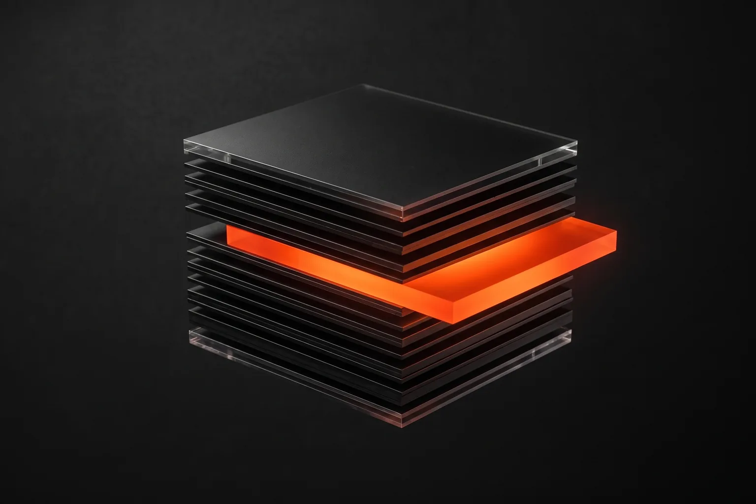Black layers sliding like a visual design canvas, one glowing orange as it snaps into place: Webflow web design Black layers sliding like a visual design canvas, one glowing orange as it snaps into place: Webflow web design