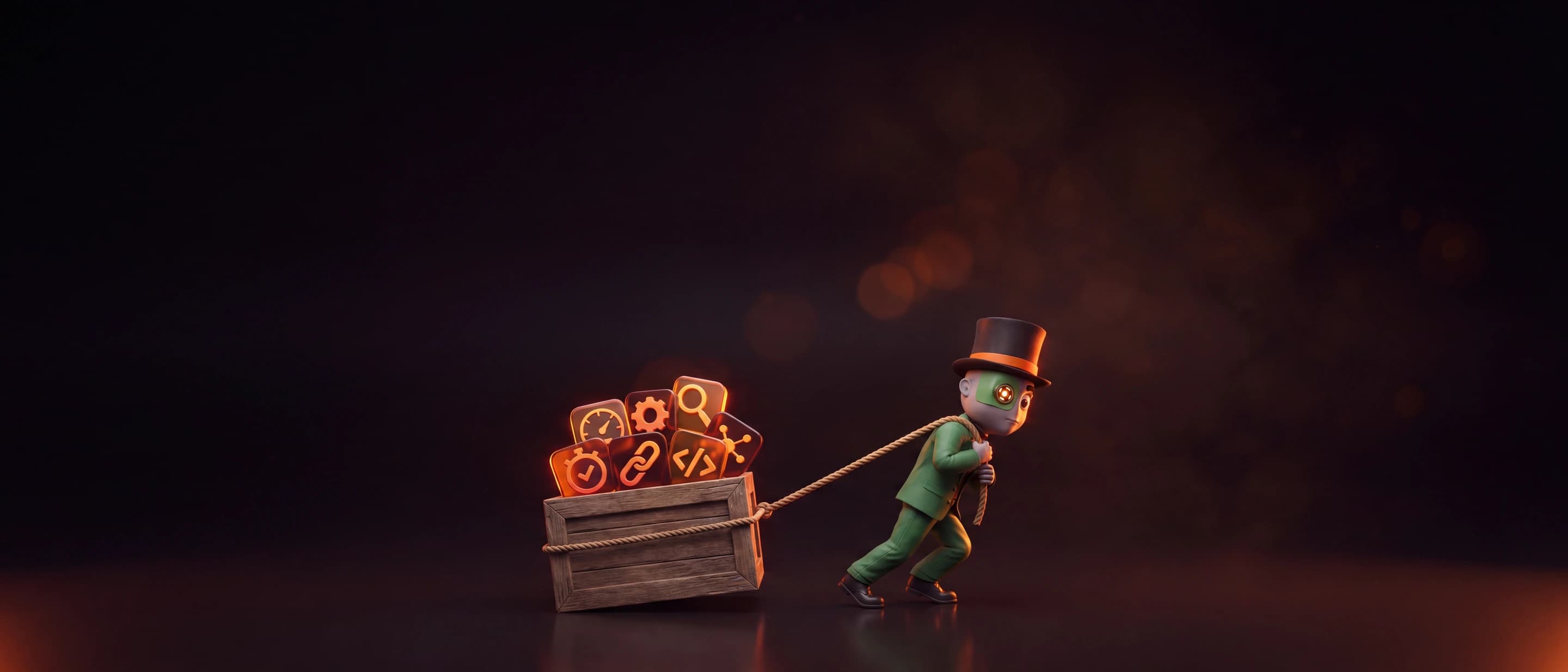 Technical SEO services by tamer The dead weight a slow site drags, shown as Tobbi hauling a crate loaded with technical SEO tools