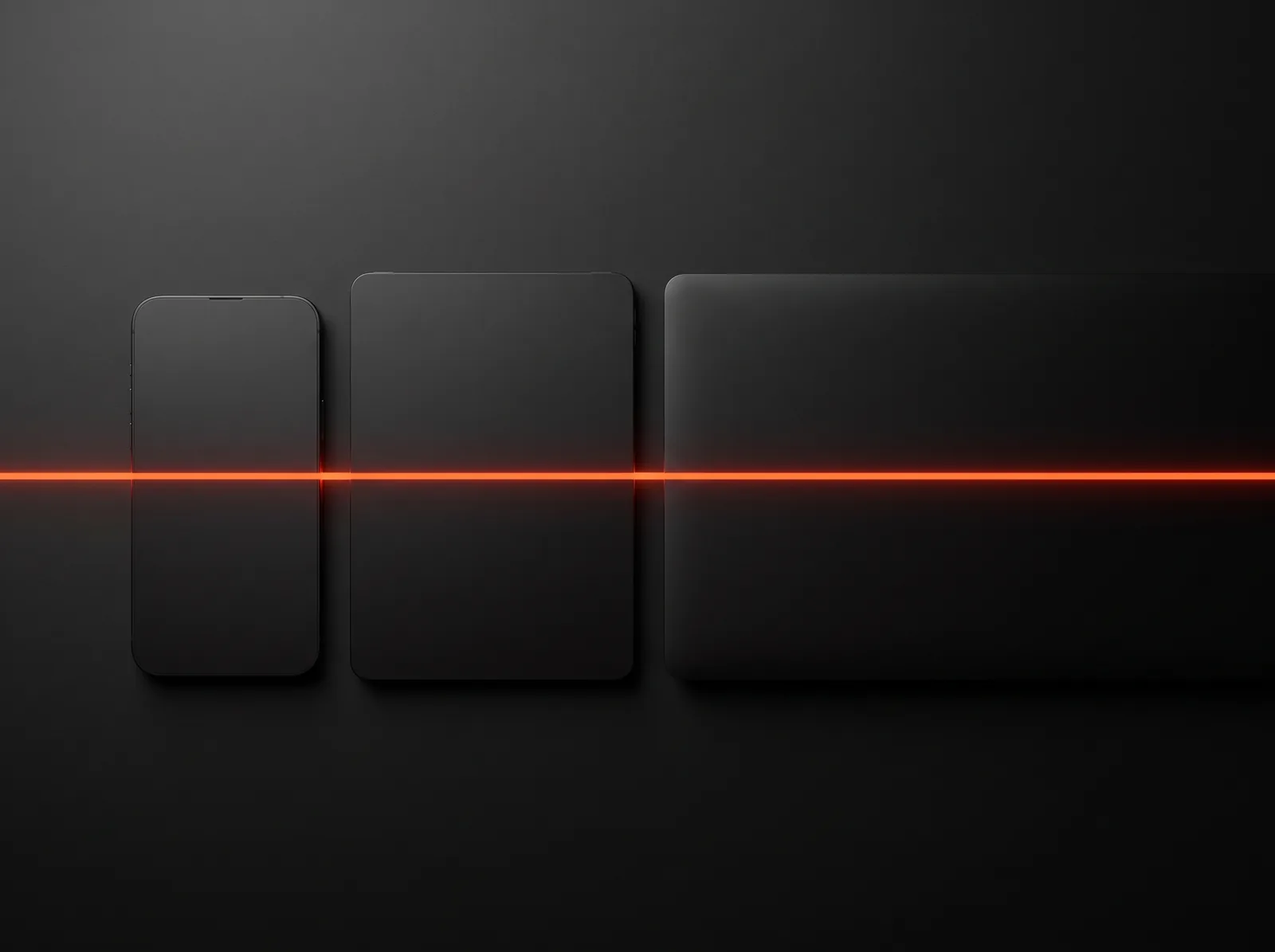 Three black device slabs with one orange line running across all of them at the same height: responsive design Three black device slabs with one orange line running across all of them at the same height: responsive design