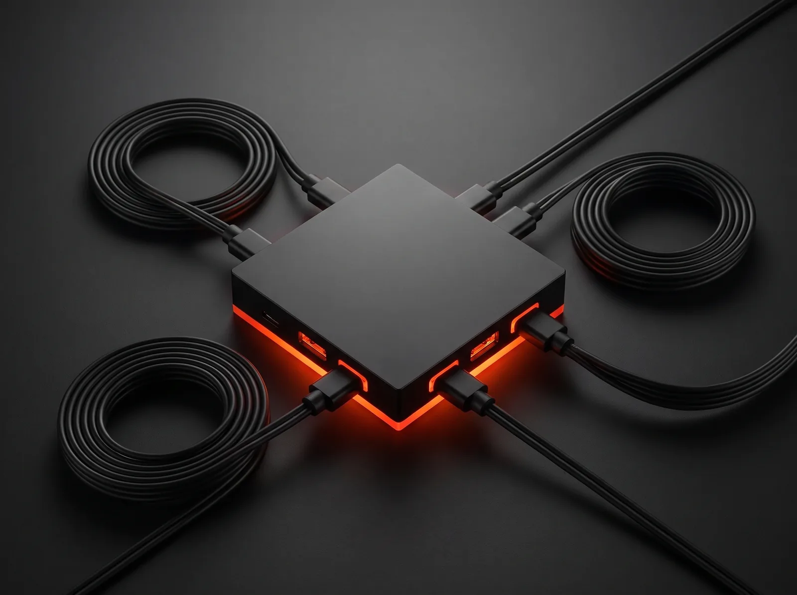 Seamless integrations with your tools Several black cables plugging into one black hub that glows orange: website integrations with your tools